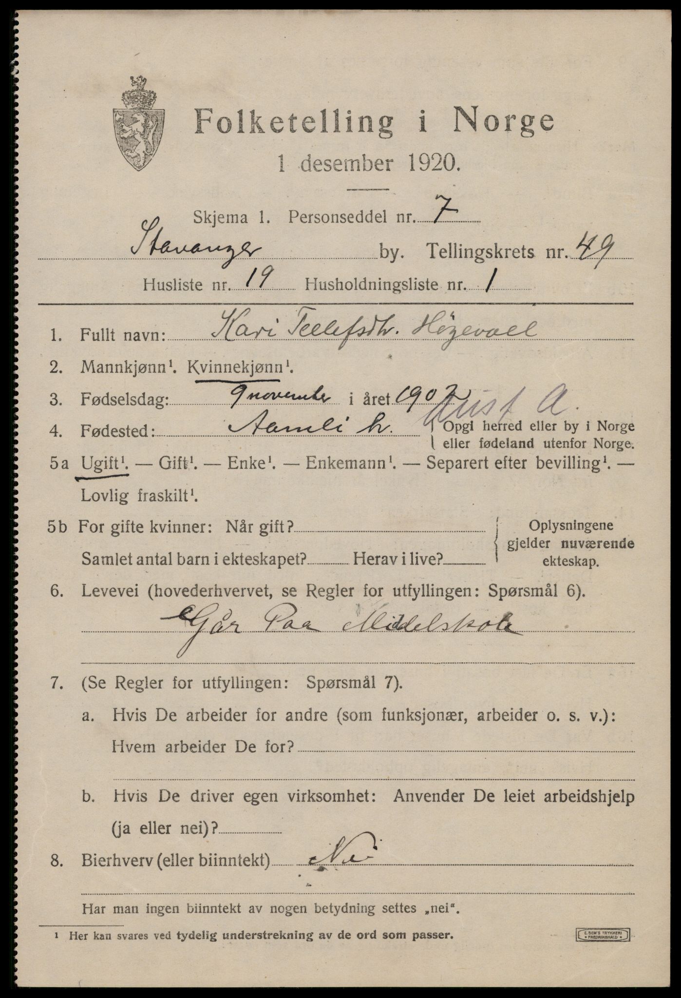 SAST, 1920 census for Stavanger, 1920, p. 118698