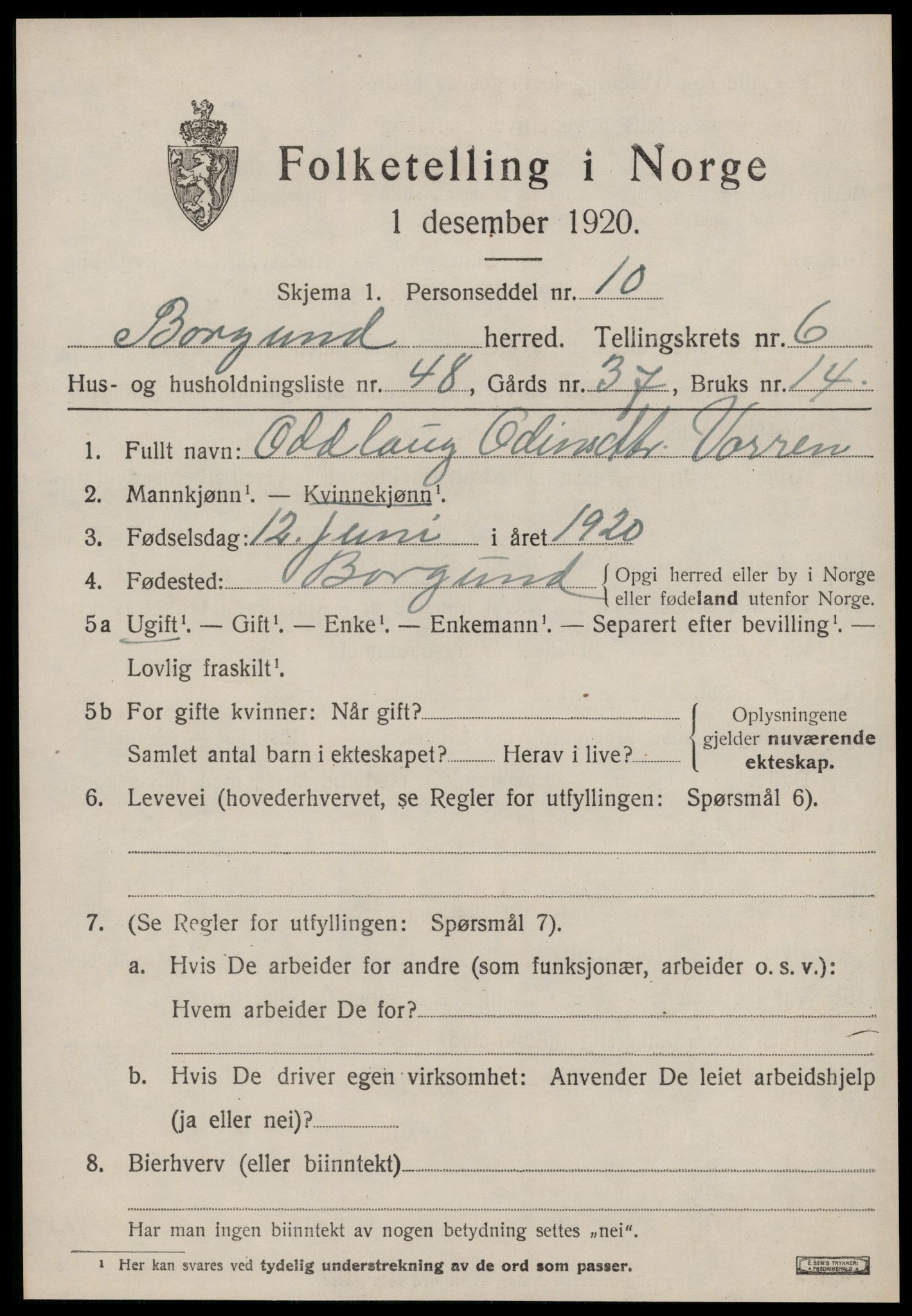 SAT, 1920 census for Borgund, 1920, p. 5770