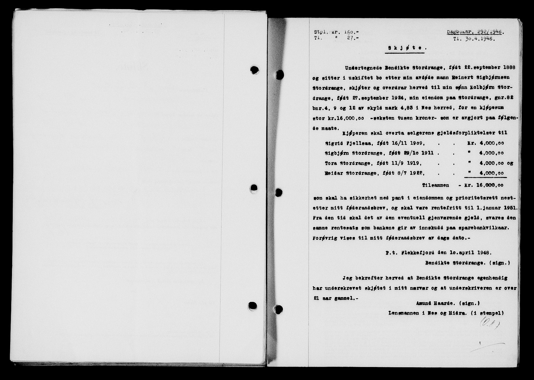 Flekkefjord sorenskriveri, SAK/1221-0001/G/Gb/Gba/L0063: Mortgage book no. A-11, 1947-1948, Diary no: : 292/1948