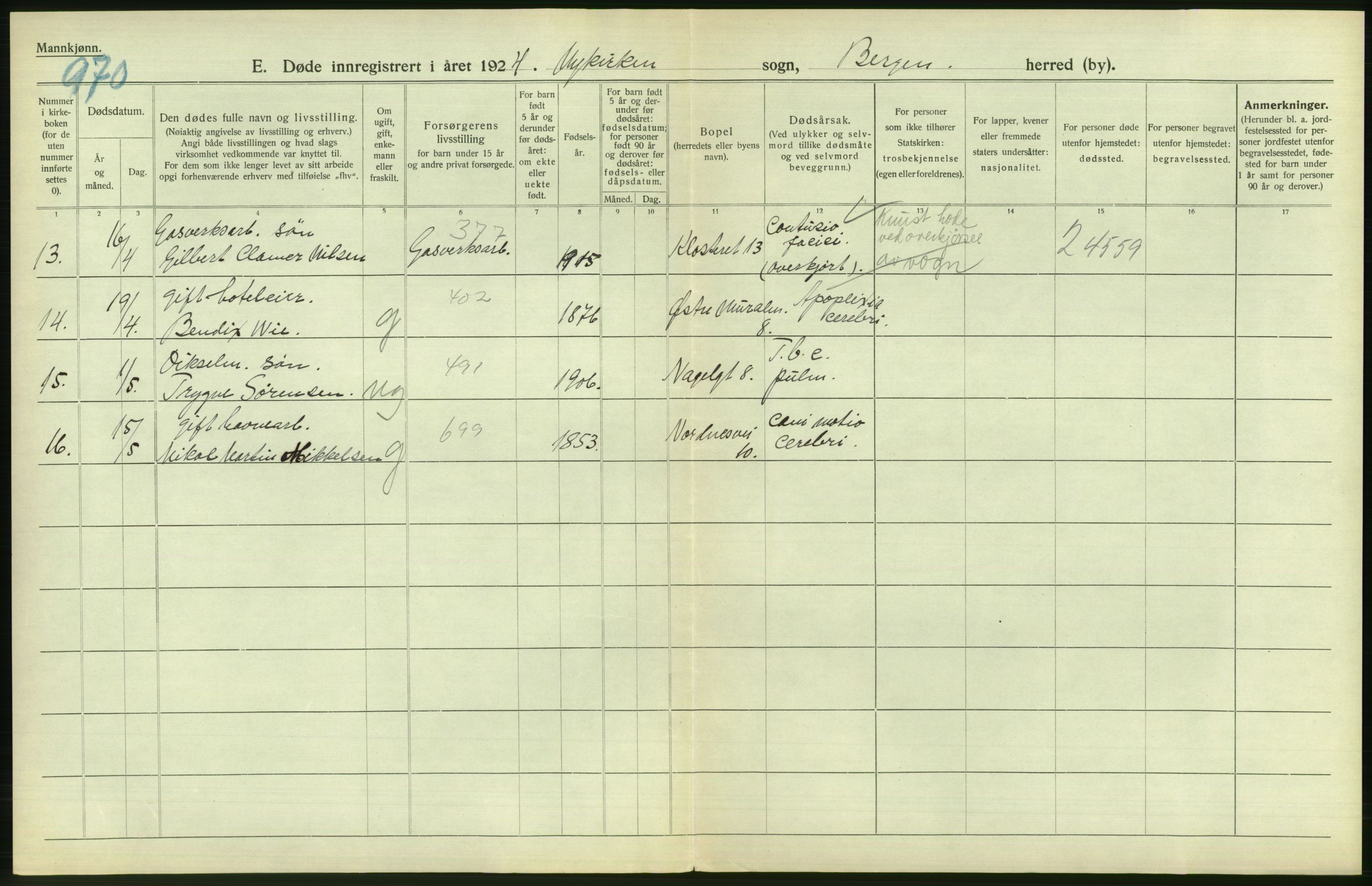 Statistisk sentralbyrå, Sosiodemografiske emner, Befolkning, AV/RA-S-2228/D/Df/Dfc/Dfcd/L0028: Bergen: Gifte, døde., 1924, p. 438