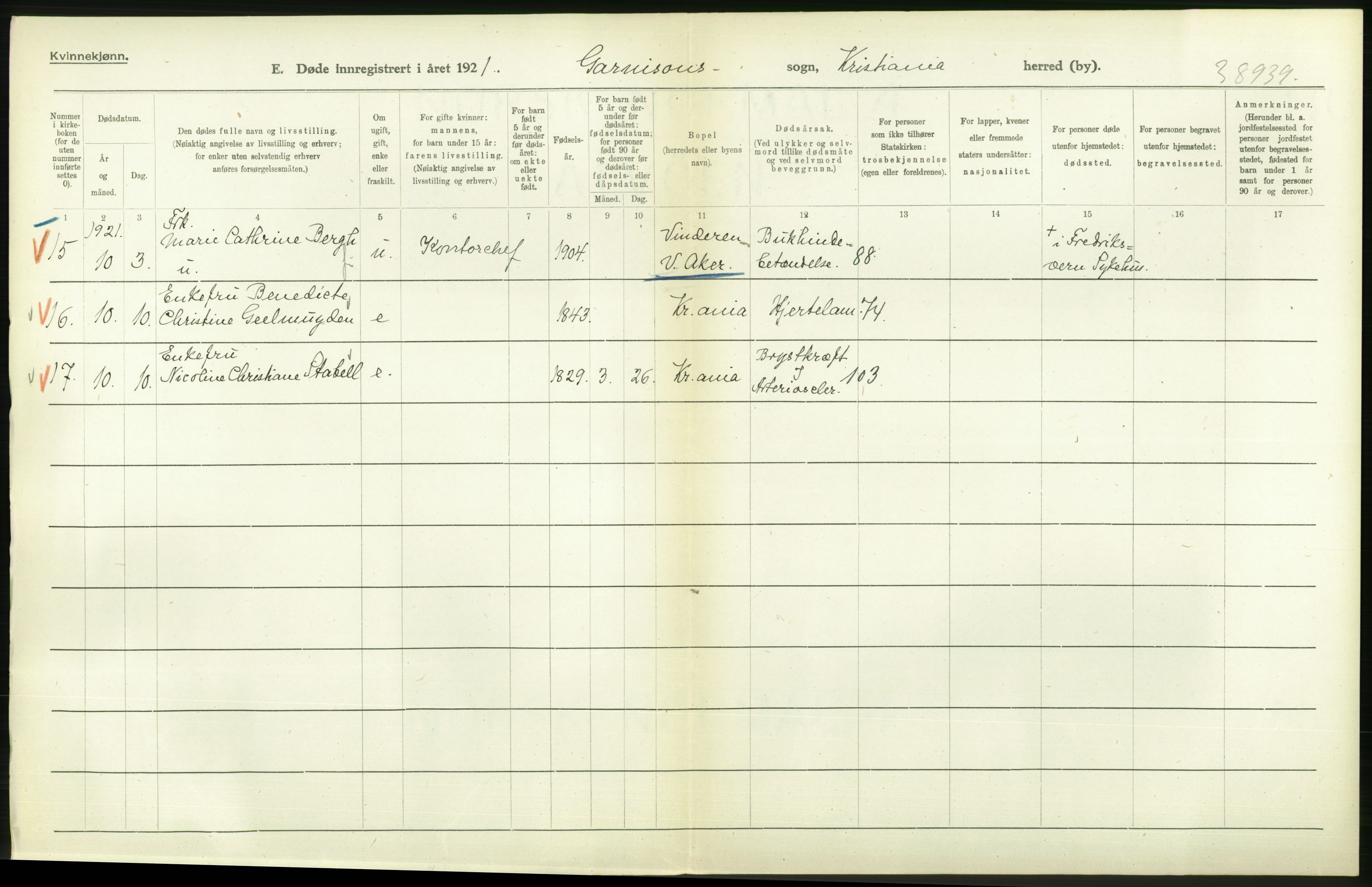 Statistisk sentralbyrå, Sosiodemografiske emner, Befolkning, AV/RA-S-2228/D/Df/Dfc/Dfca/L0013: Kristiania: Døde, dødfødte, 1921, p. 190