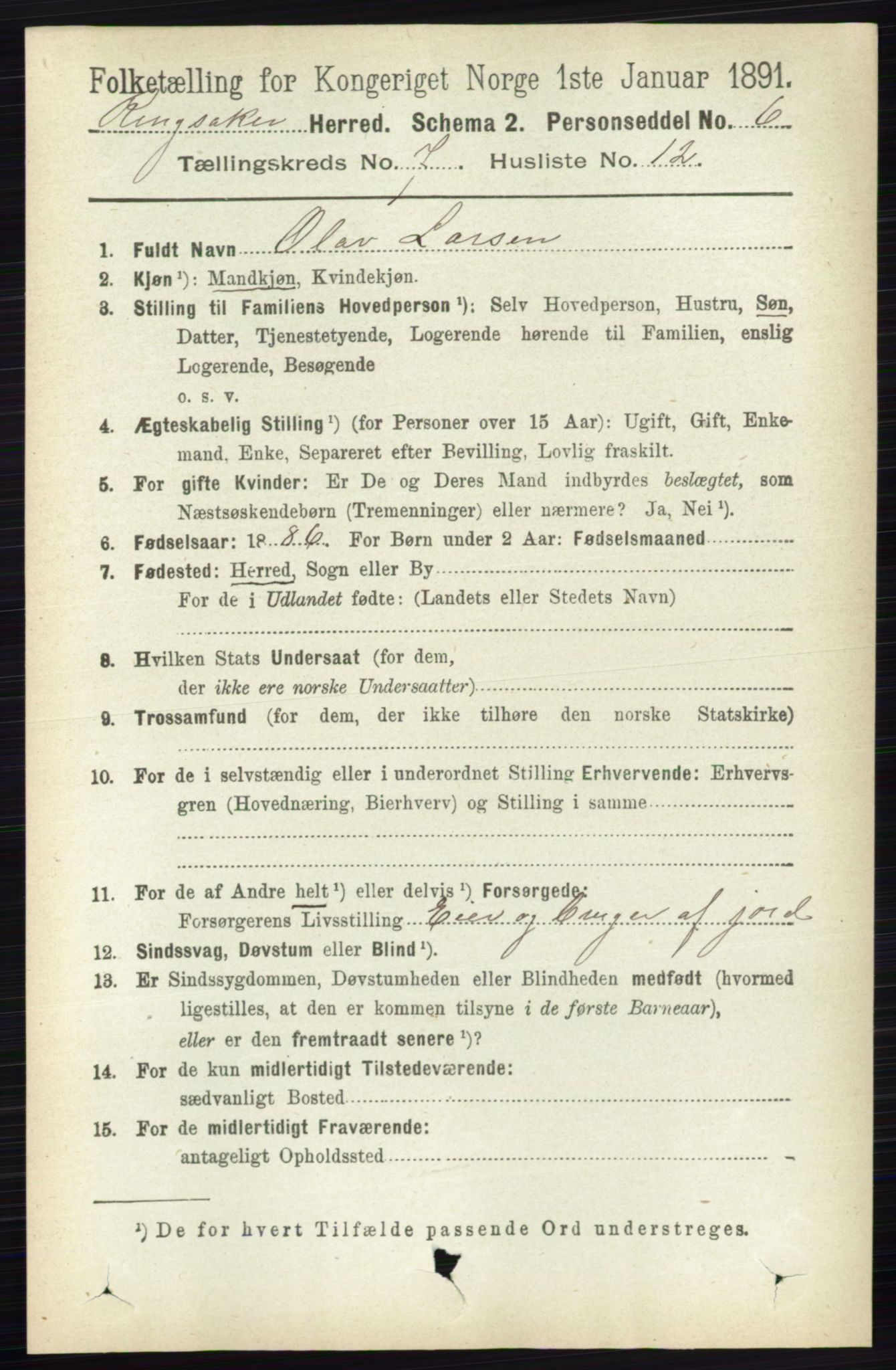 RA, 1891 census for 0412 Ringsaker, 1891, p. 3953