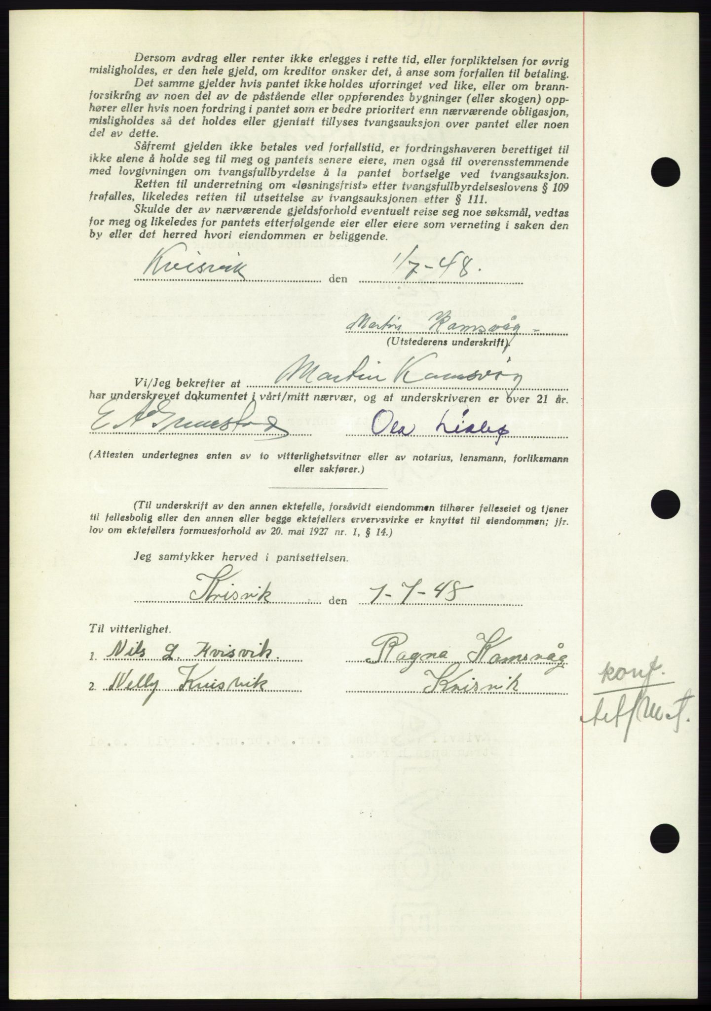 Nordmøre sorenskriveri, AV/SAT-A-4132/1/2/2Ca: Mortgage book no. B99, 1948-1948, Diary no: : 1977/1948