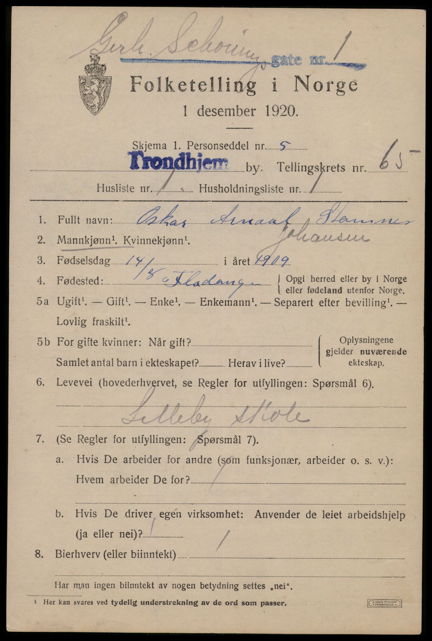 SAT, 1920 census for Trondheim, 1920, p. 128796