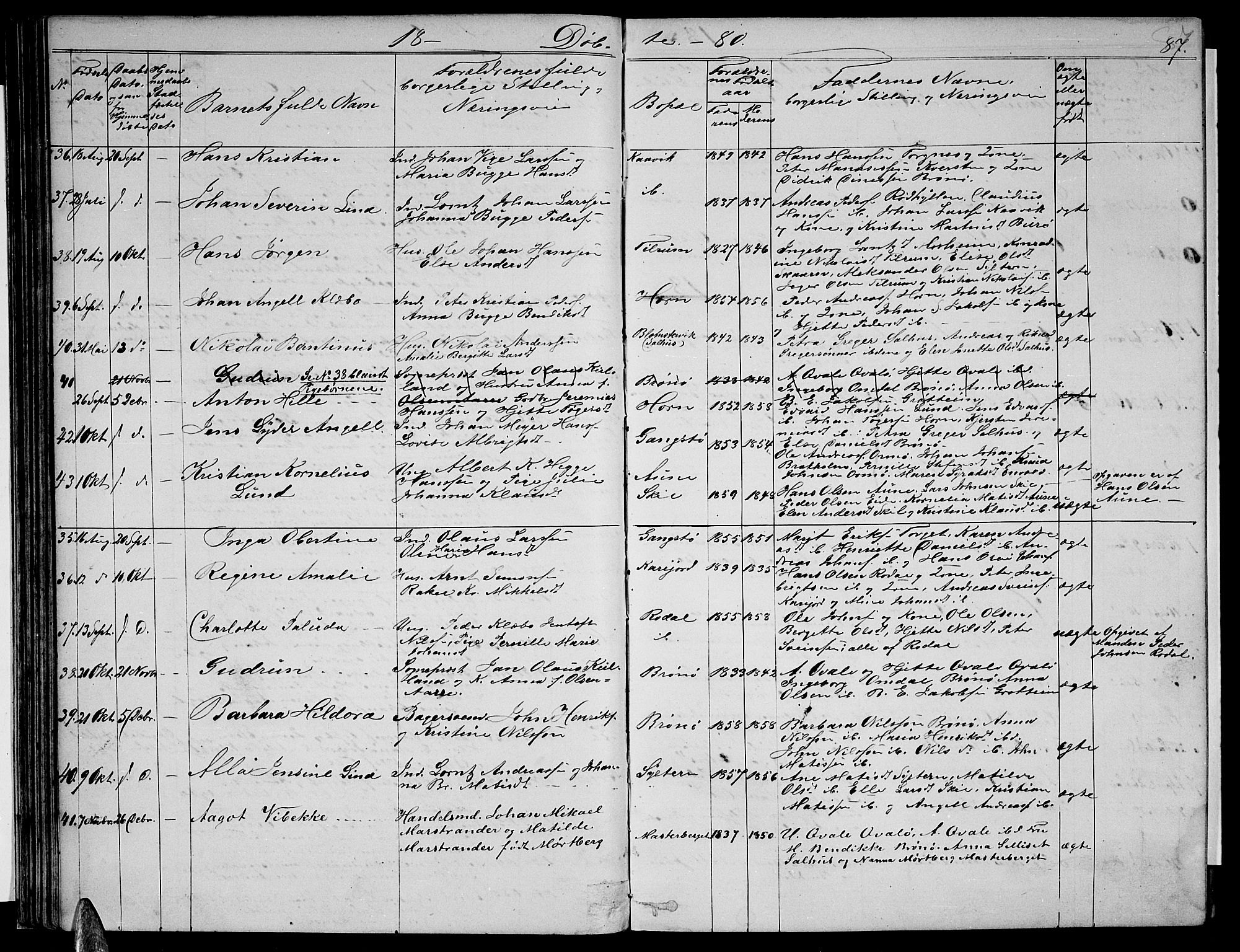 Ministerialprotokoller, klokkerbøker og fødselsregistre - Nordland, SAT/A-1459/813/L0212: Parish register (copy) no. 813C04, 1864-1886, p. 87
