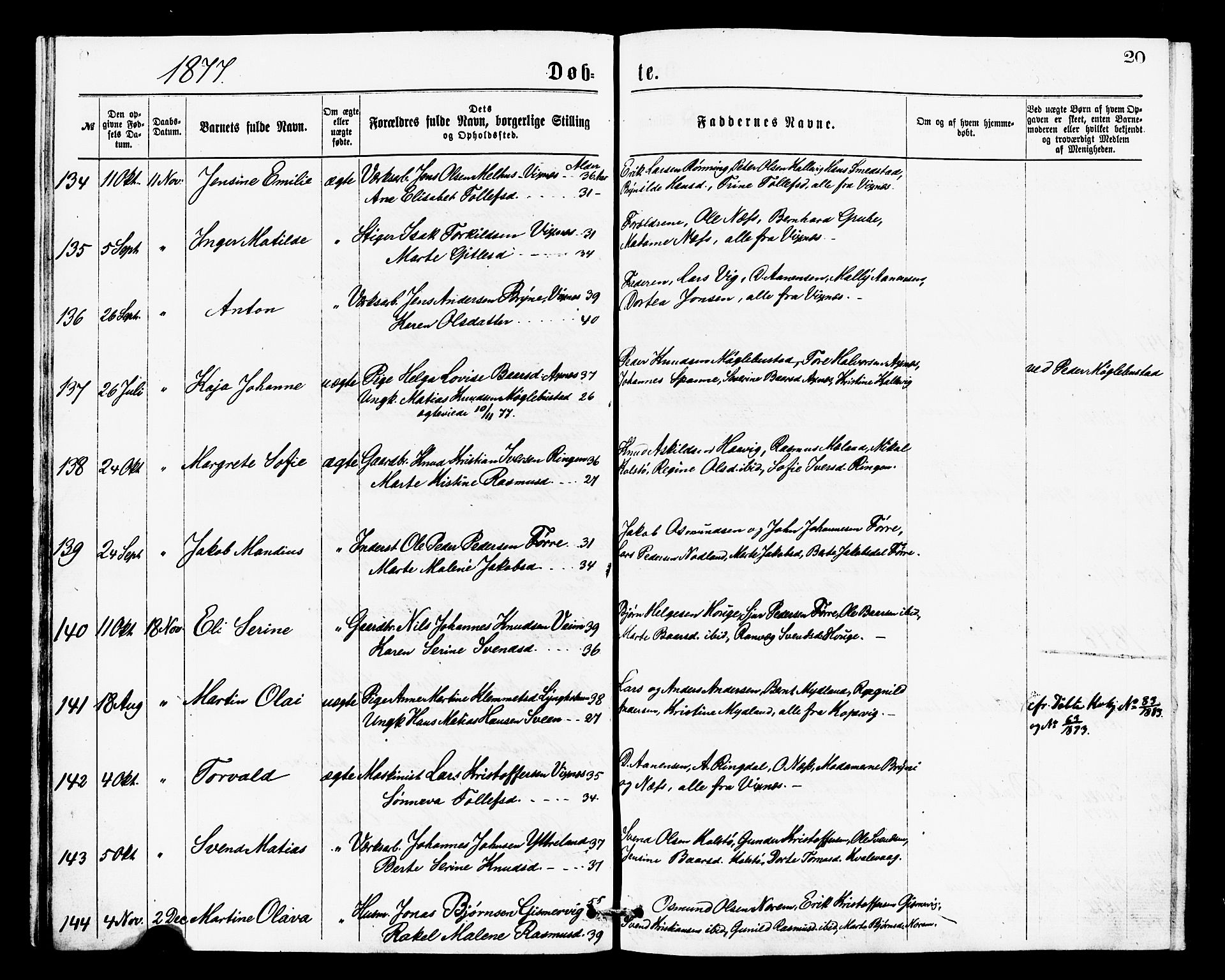 Avaldsnes sokneprestkontor, AV/SAST-A -101851/H/Ha/Haa/L0013: Parish register (official) no. A 13, 1876-1879, p. 20