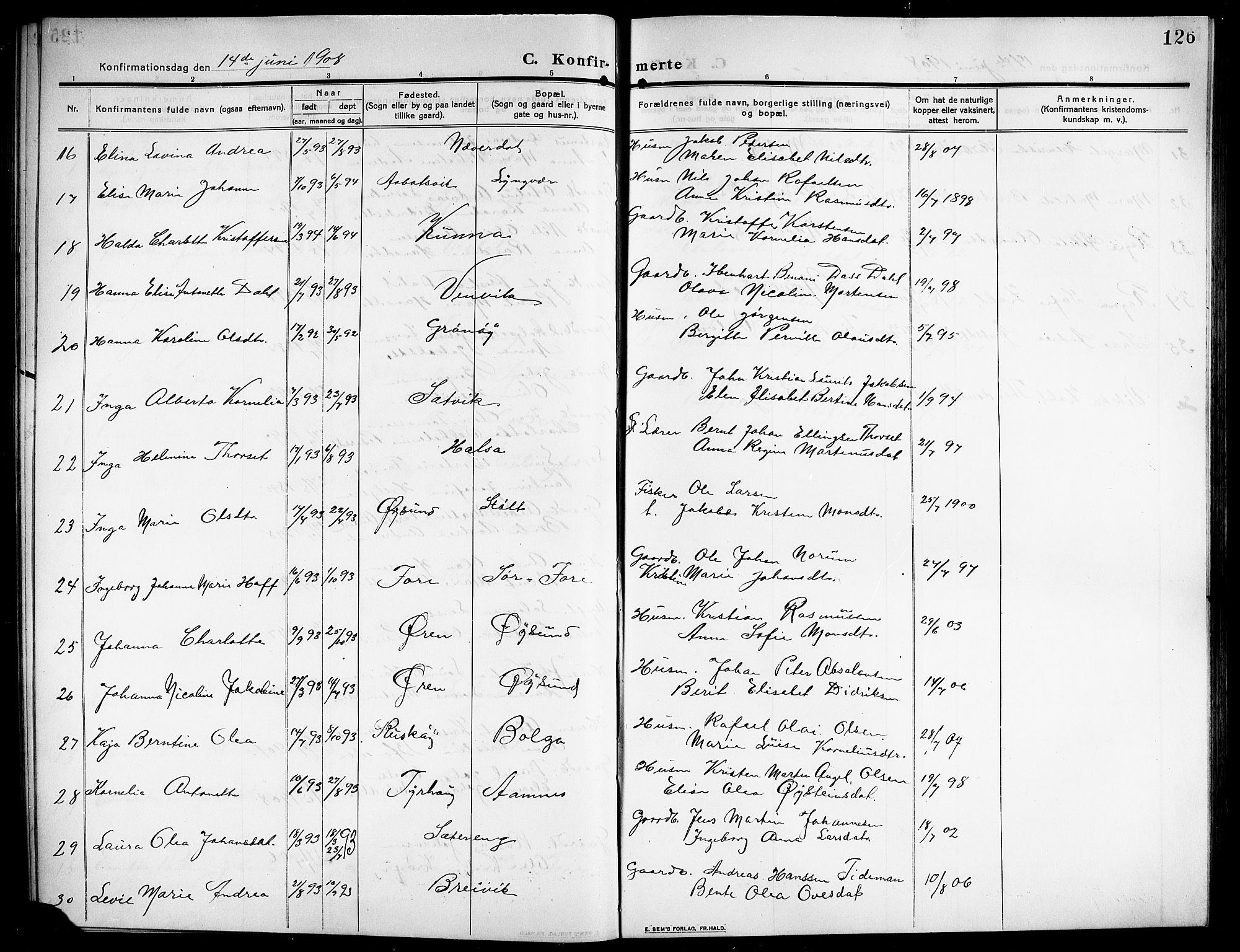 Ministerialprotokoller, klokkerbøker og fødselsregistre - Nordland, SAT/A-1459/843/L0639: Parish register (copy) no. 843C08, 1908-1924, p. 126