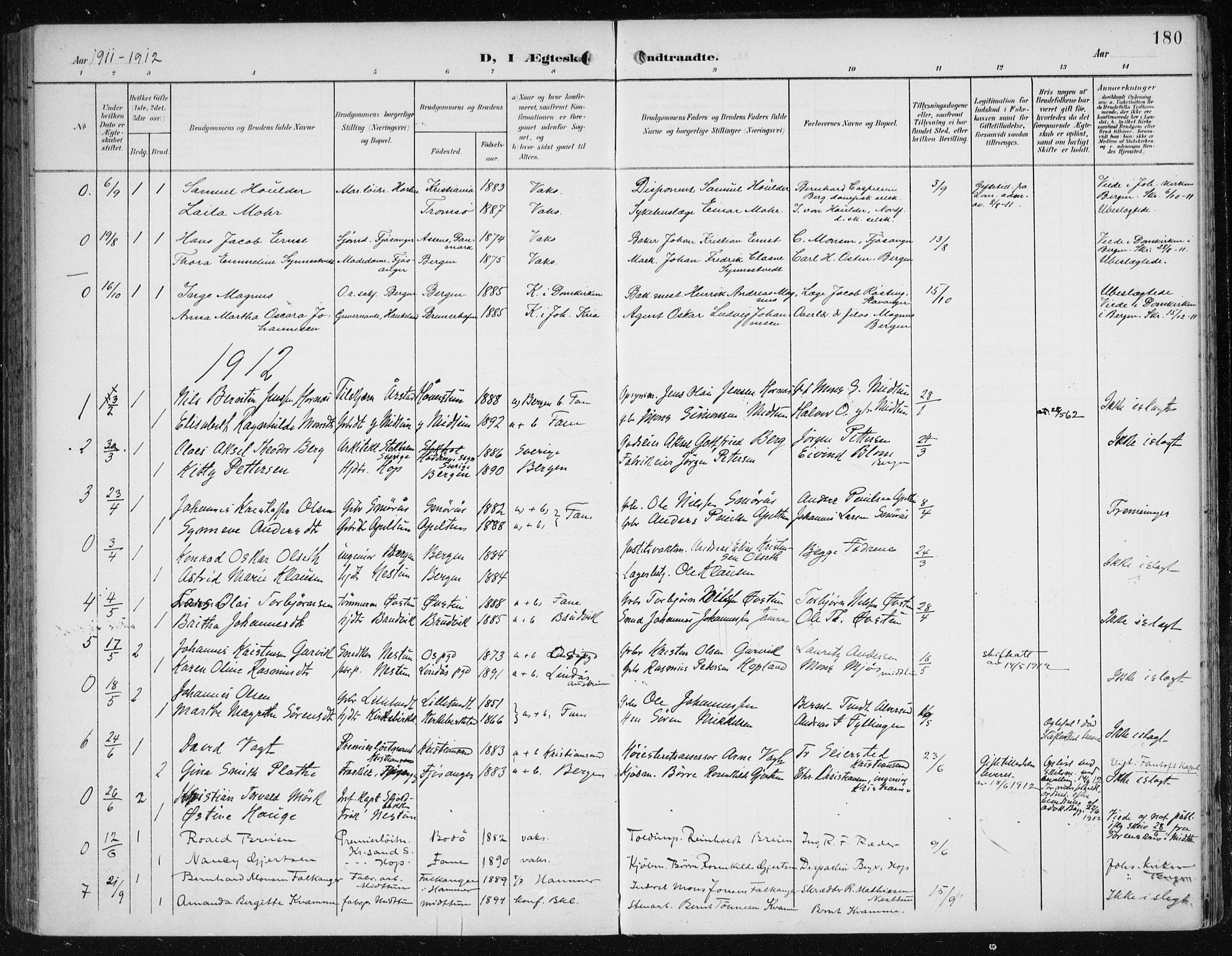 Fana Sokneprestembete, SAB/A-75101/H/Haa/Haai/L0003: Parish register (official) no. I 3, 1900-1912, p. 180