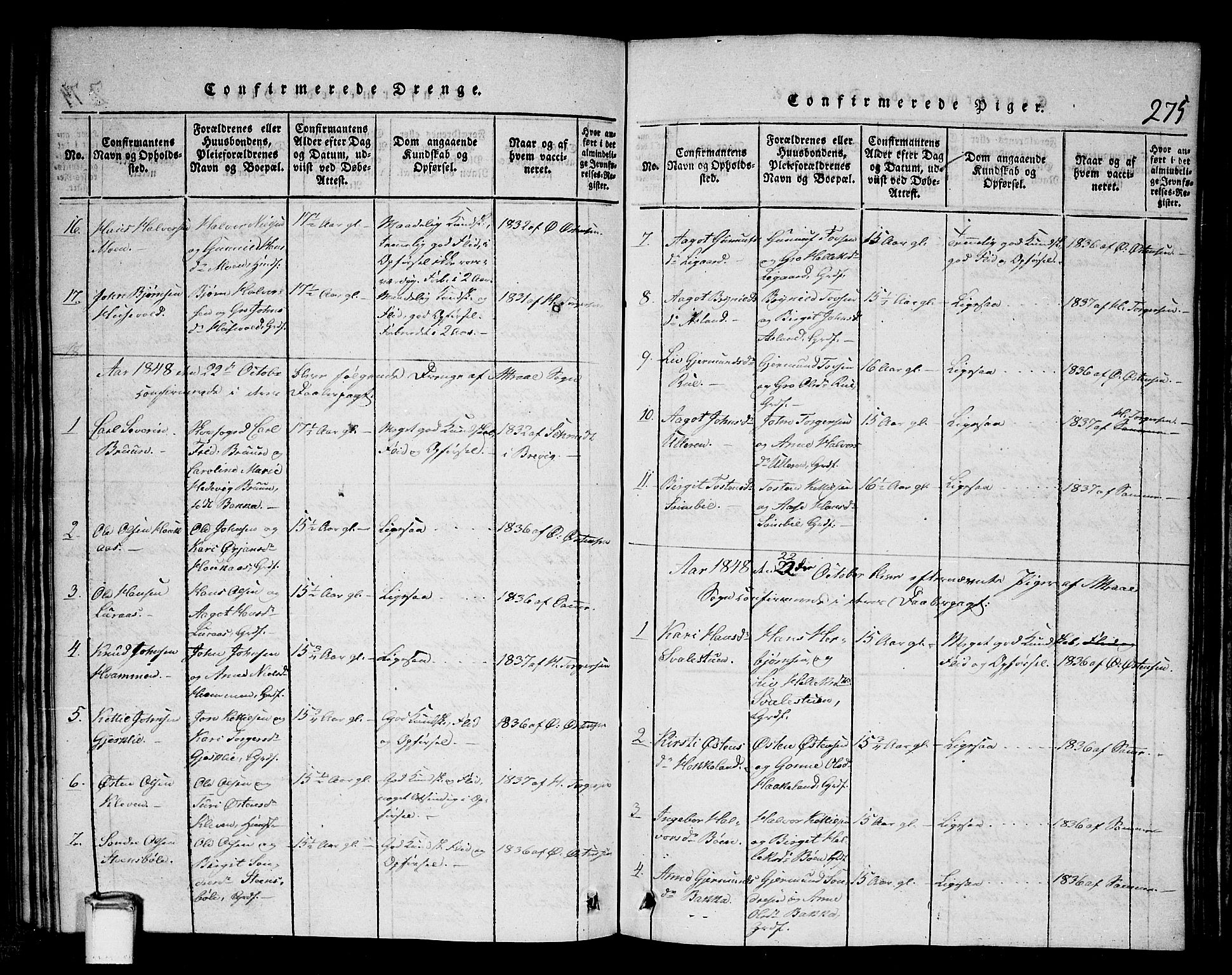 Tinn kirkebøker, SAKO/A-308/G/Gb/L0001: Parish register (copy) no. II 1 /2, 1837-1850, p. 275