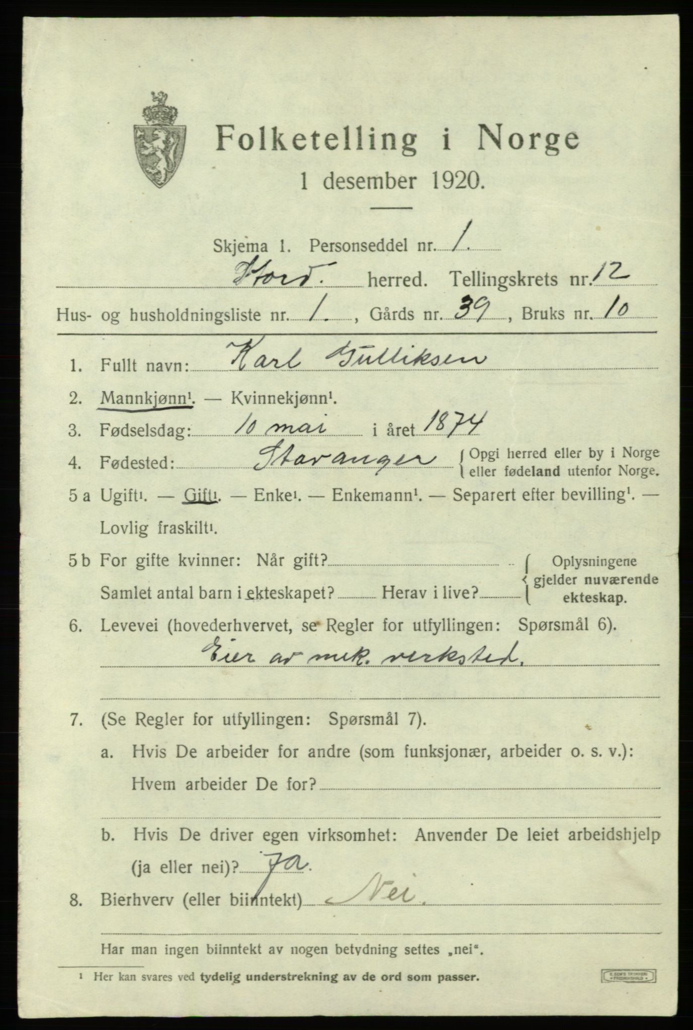 SAB, 1920 census for Stord, 1920, p. 6997