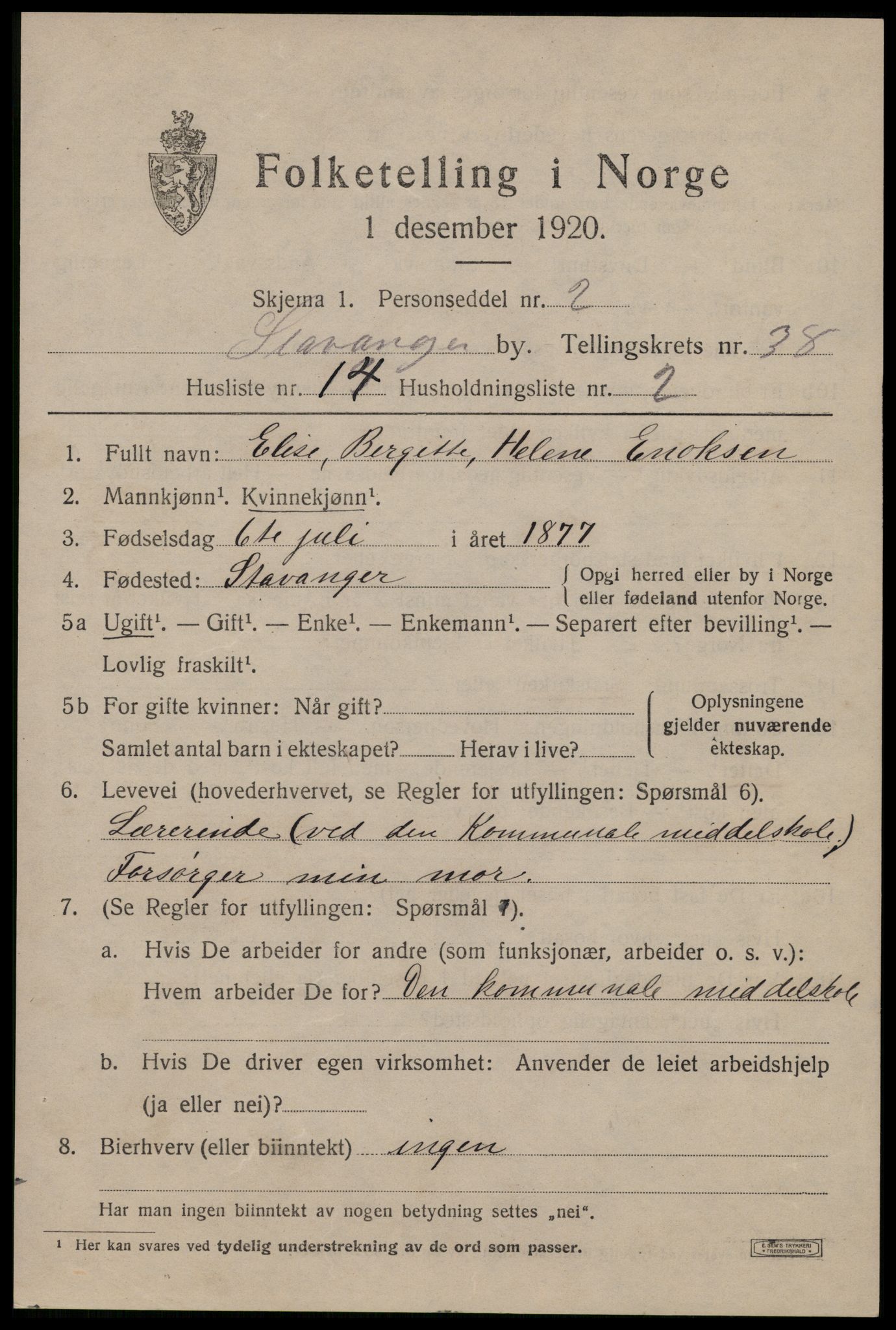 SAST, 1920 census for Stavanger, 1920, p. 99446