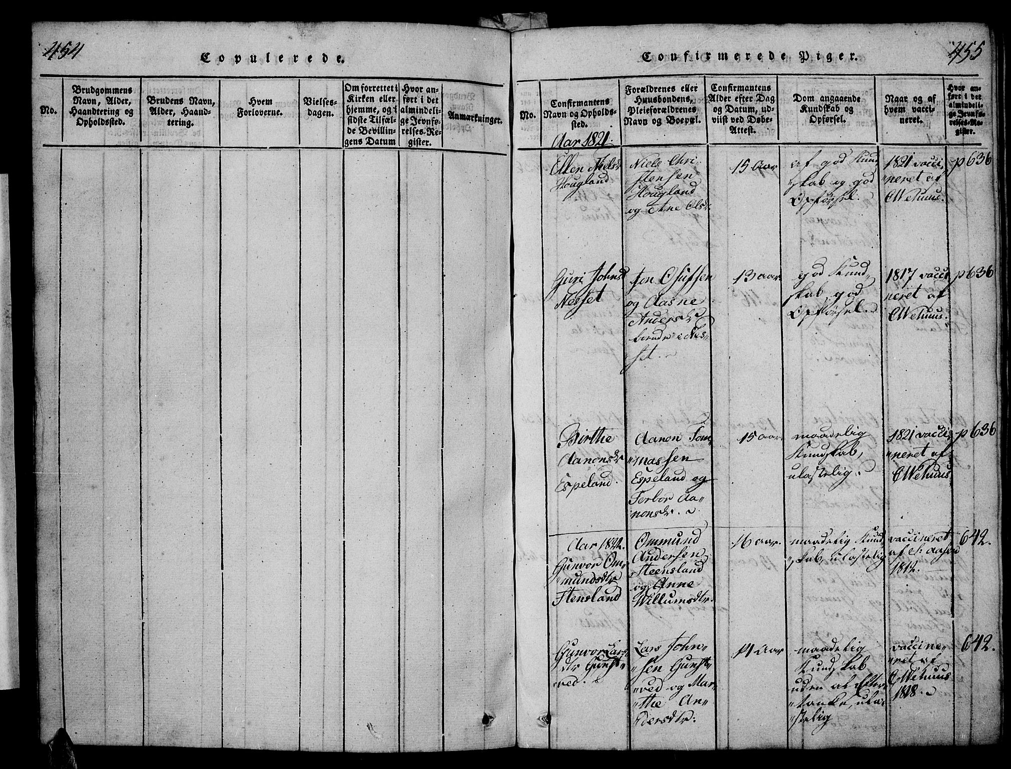 Vennesla sokneprestkontor, AV/SAK-1111-0045/Fb/Fba/L0001: Parish register (copy) no. B 1, 1820-1834, p. 454-455