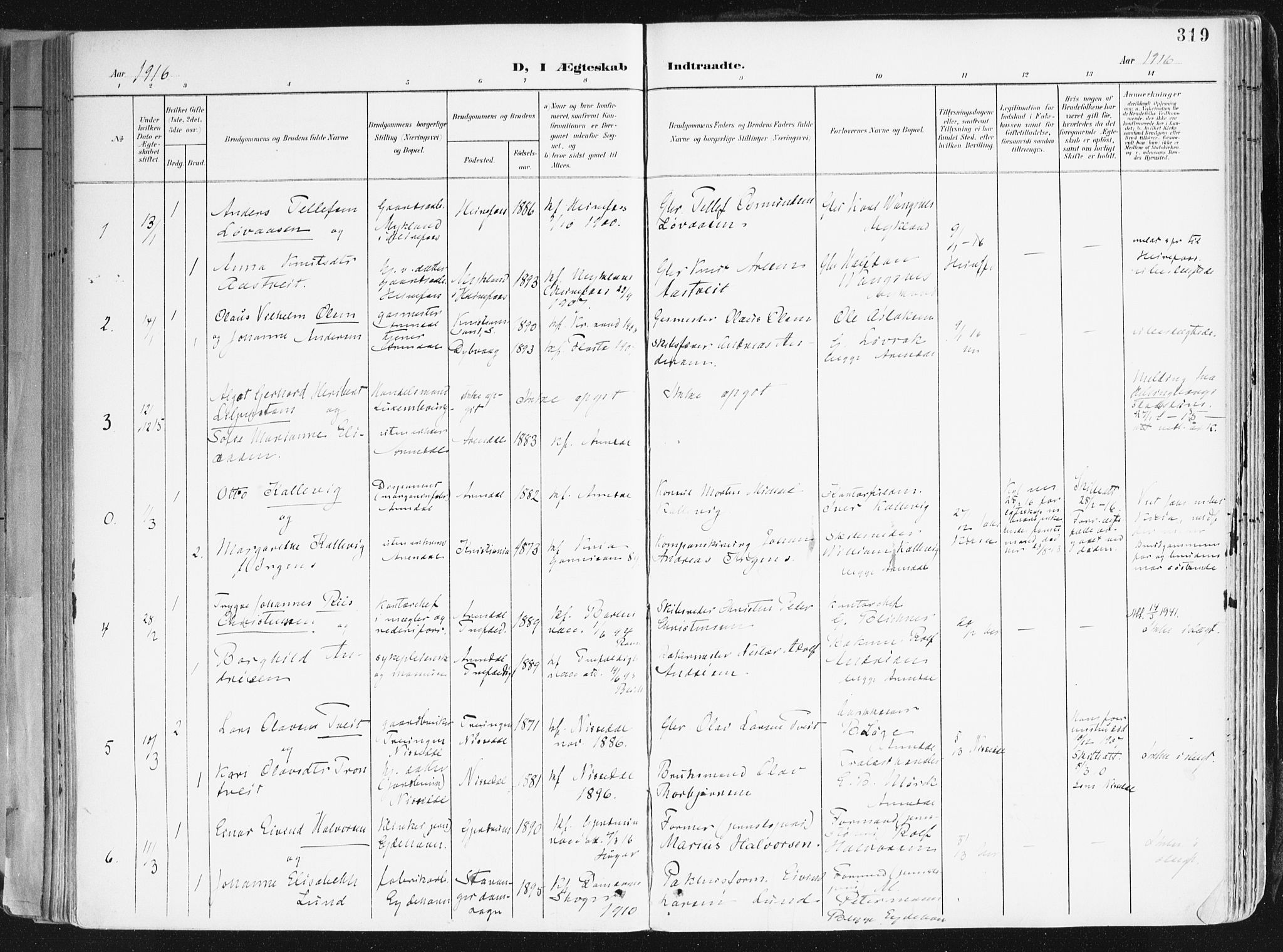 Arendal sokneprestkontor, Trefoldighet, SAK/1111-0040/F/Fa/L0010: Parish register (official) no. A 10, 1900-1919, p. 319