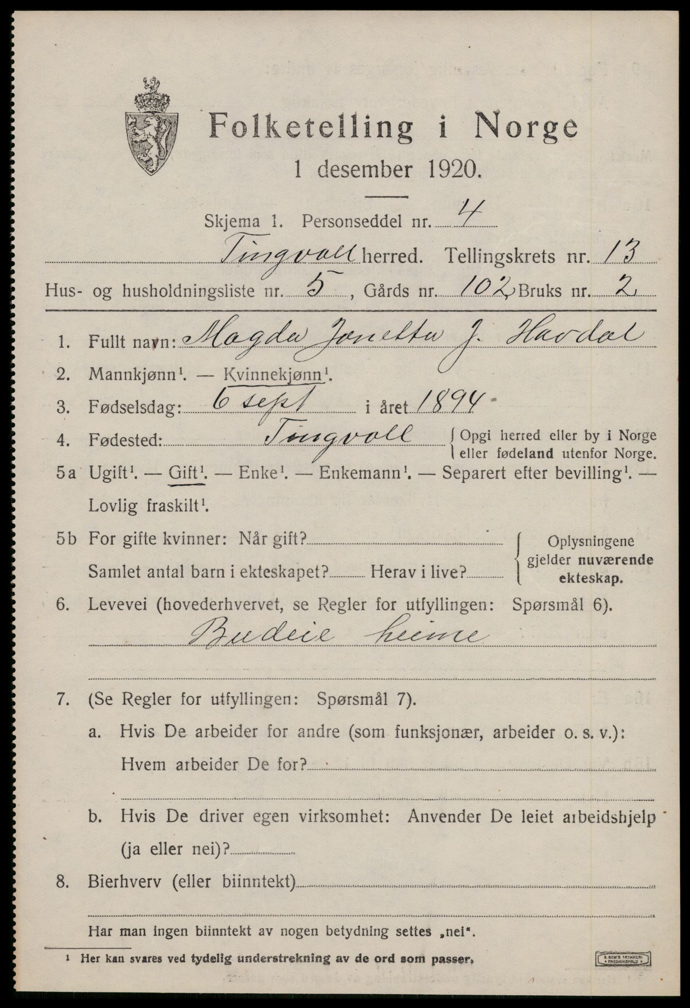 SAT, 1920 census for Tingvoll, 1920, p. 6872