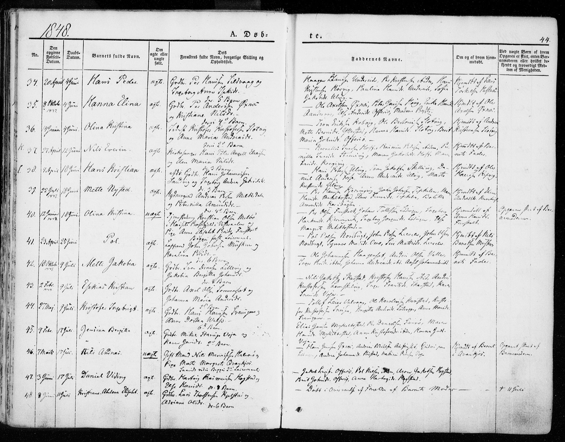Ministerialprotokoller, klokkerbøker og fødselsregistre - Nordland, SAT/A-1459/872/L1033: Parish register (official) no. 872A08, 1840-1863, p. 44
