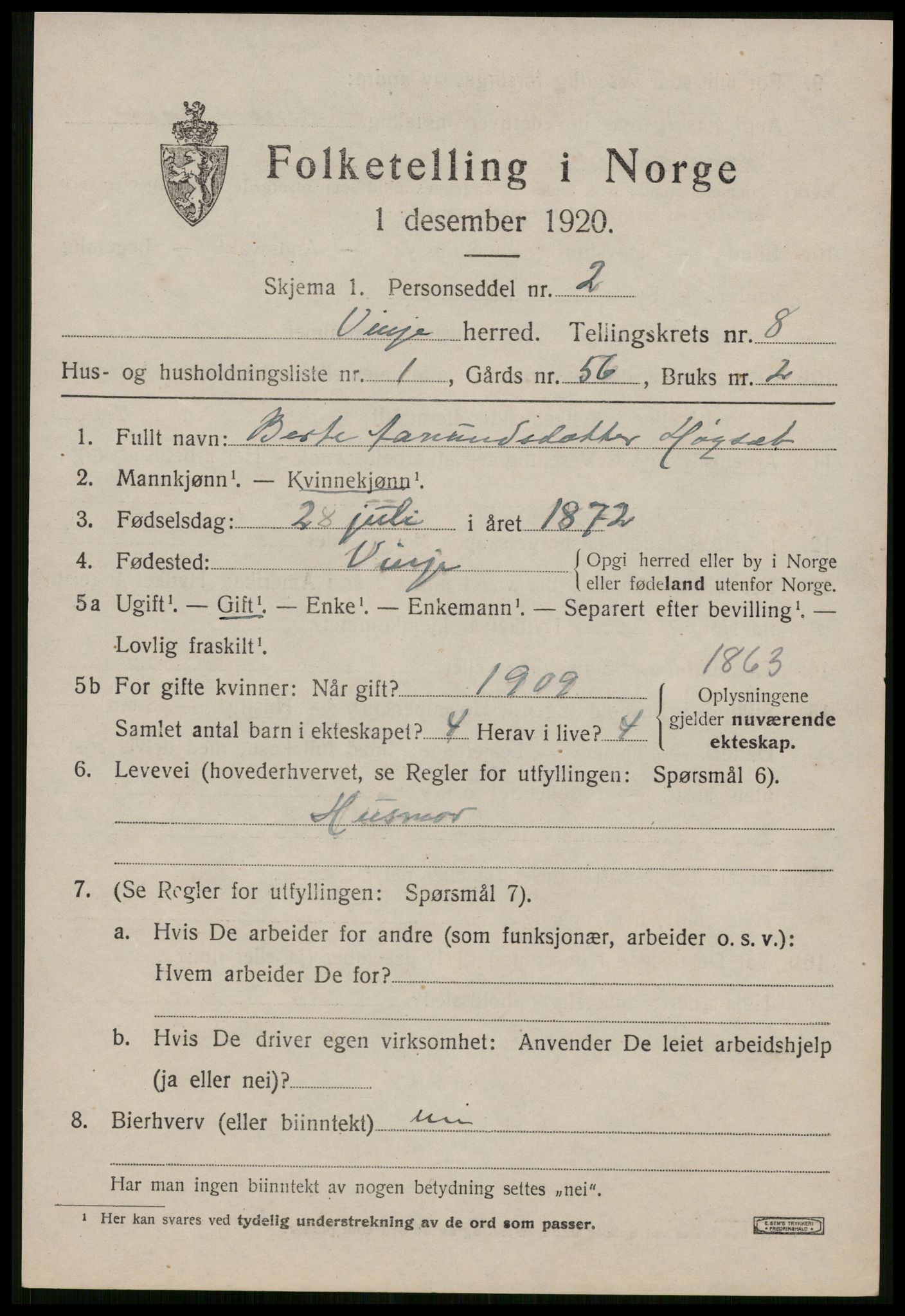 SAKO, 1920 census for Vinje, 1920, p. 2199