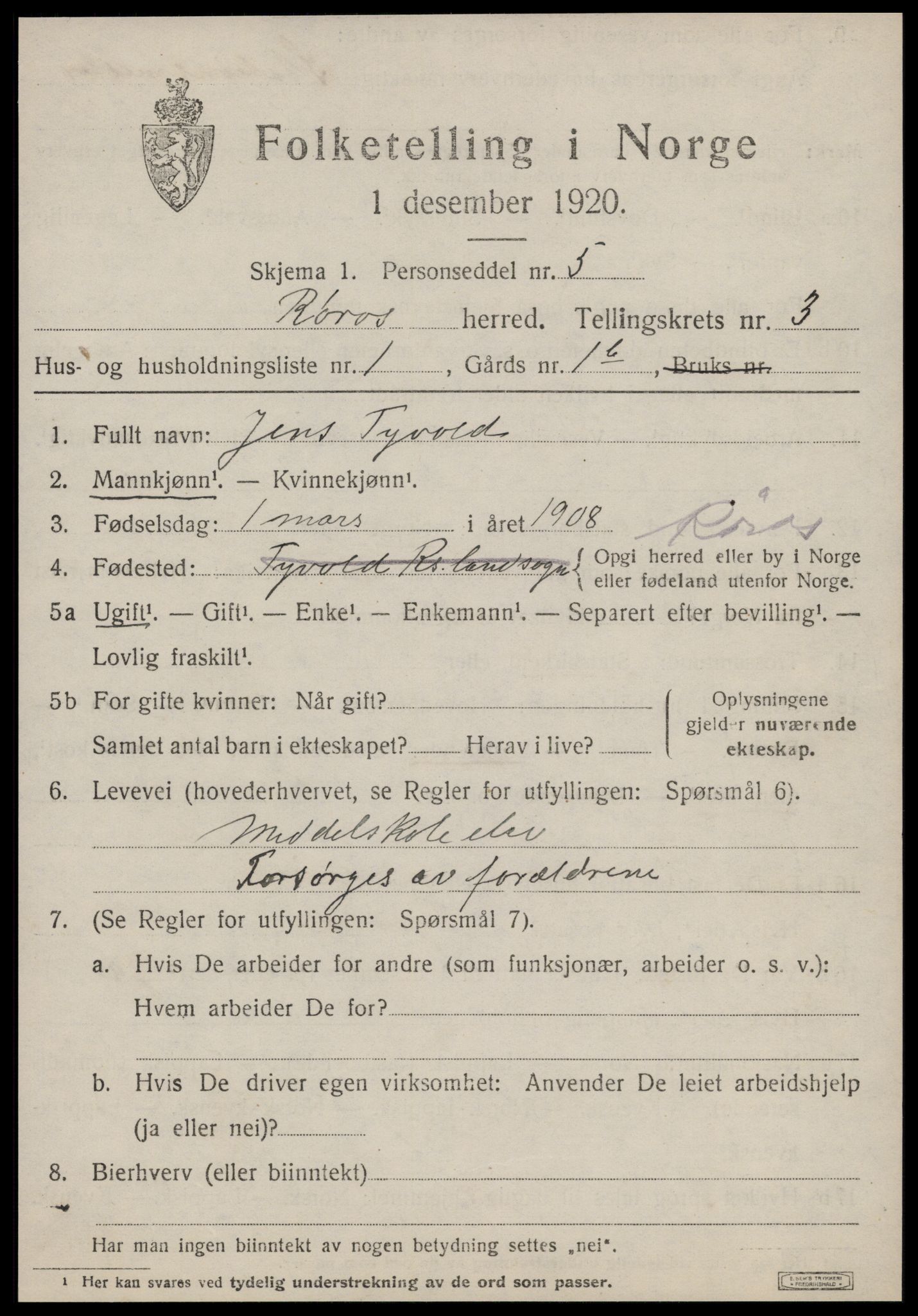 SAT, 1920 census for Røros, 1920, p. 3908