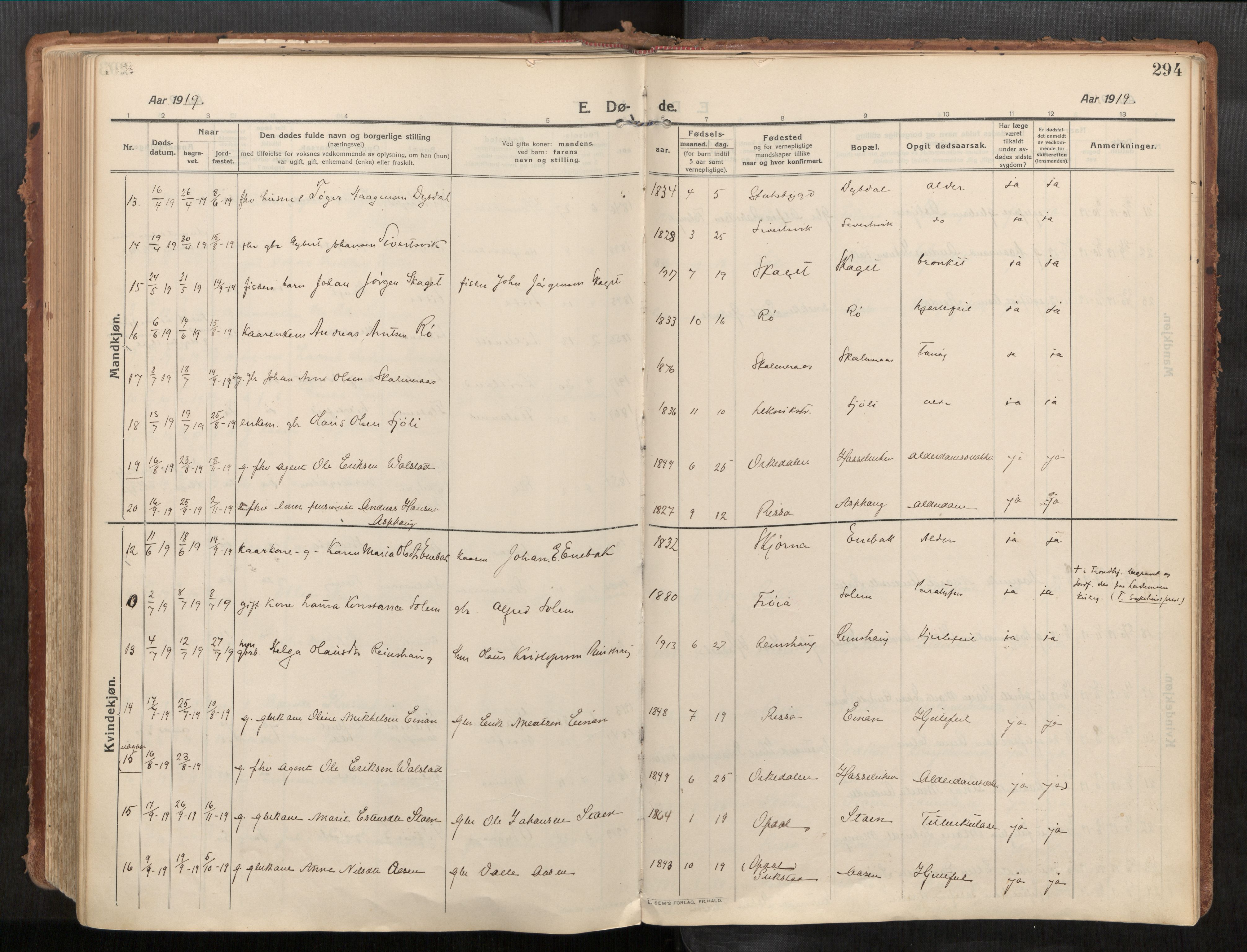 Stadsbygd sokneprestkontor, AV/SAT-A-1117/1/I/I1/I1a/L0001: Parish register (official) no. 1, 1911-1929, p. 294