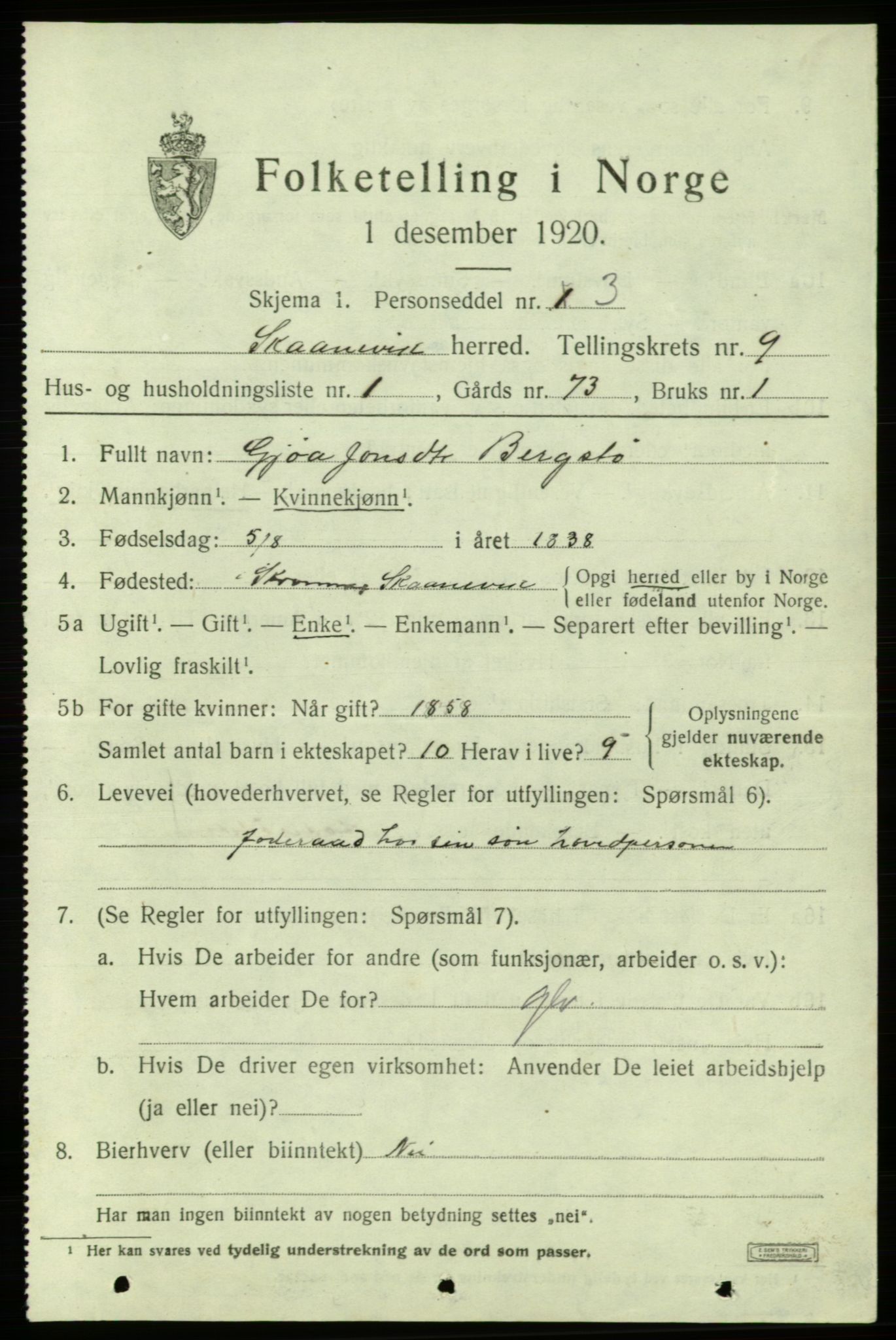 SAB, 1920 census for Skånevik, 1920, p. 4845