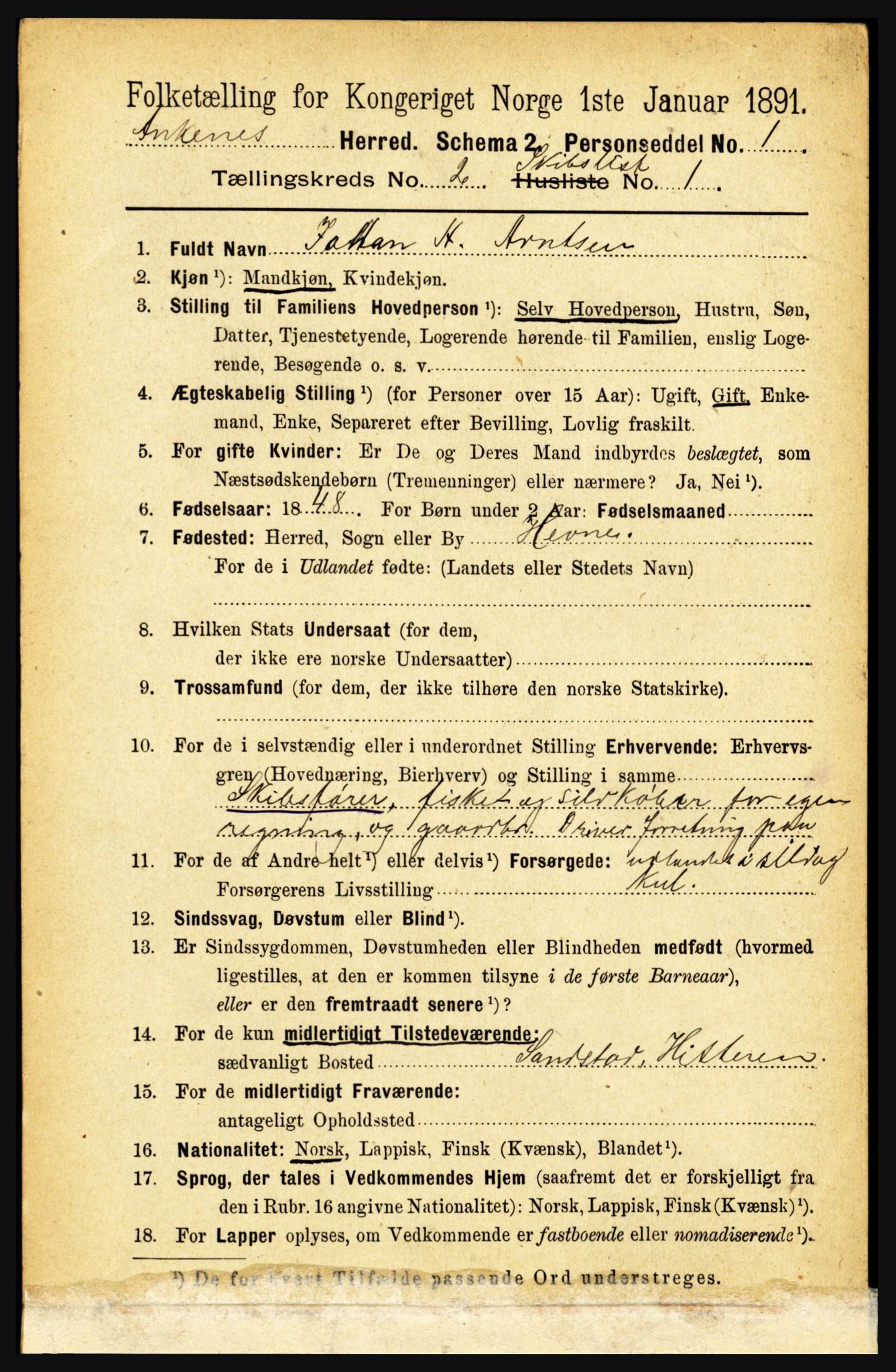 RA, 1891 census for 1855 Ankenes, 1891, p. 1399