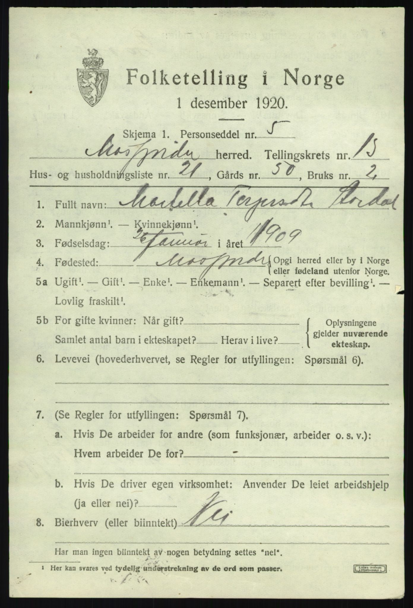 SAB, 1920 census for Masfjorden, 1920, p. 5097