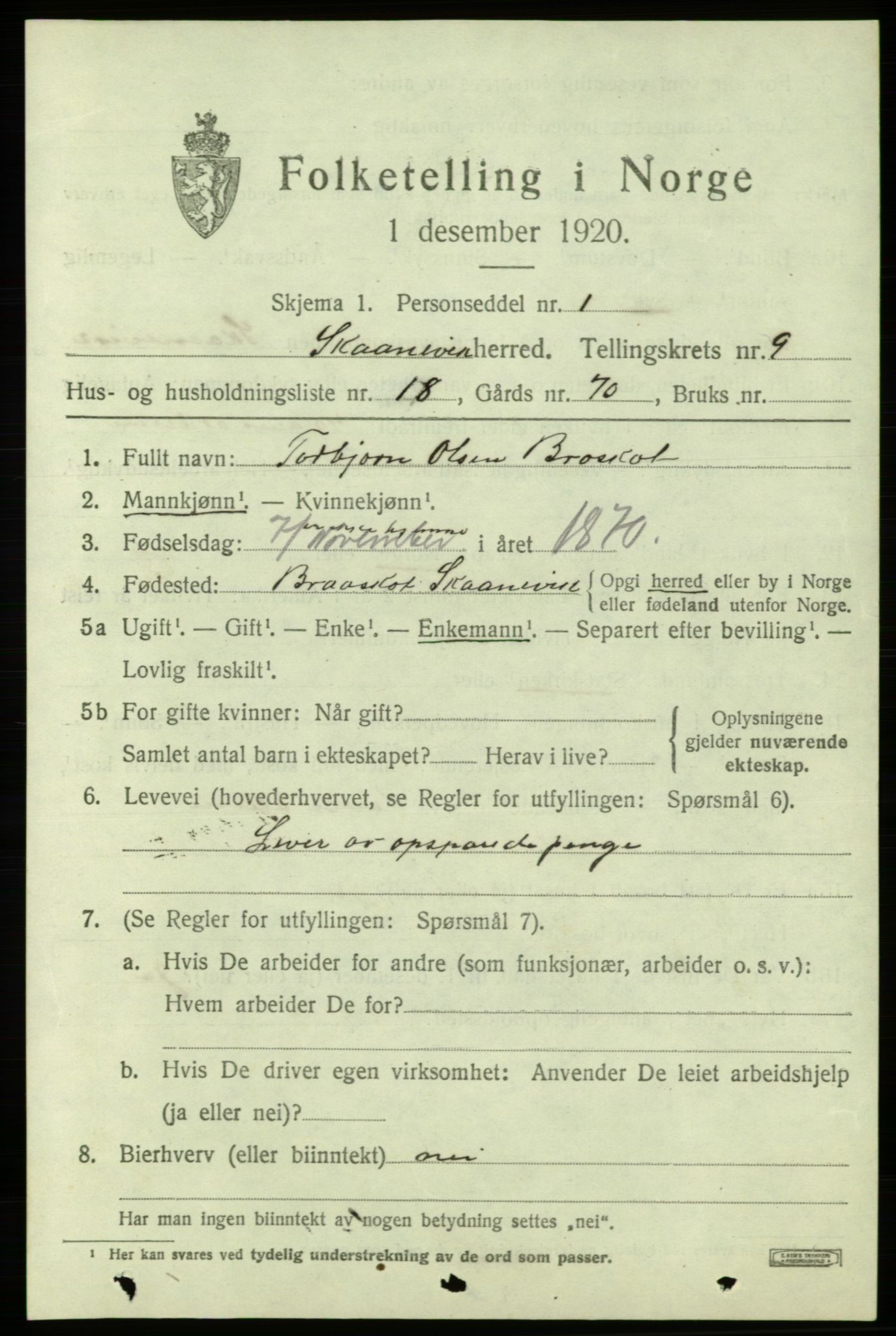 SAB, 1920 census for Skånevik, 1920, p. 5073