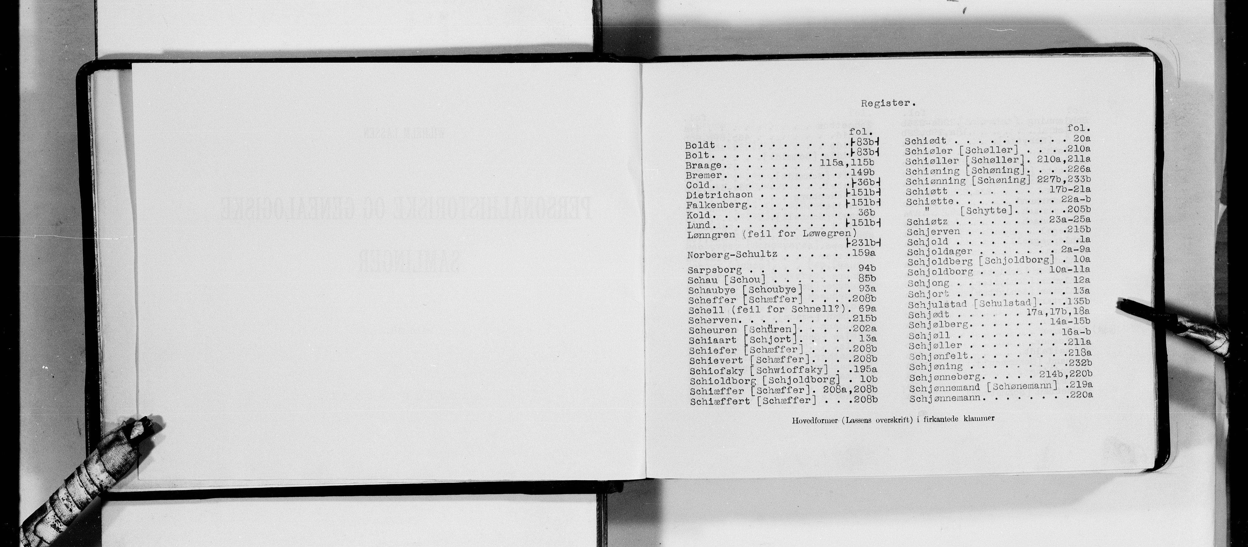 Lassens samlinger, AV/RA-PA-0051/F/Fa/L0038: Personalhistoriske og genealogiske opptegnelser: Schjold - Scott, 1500-1907