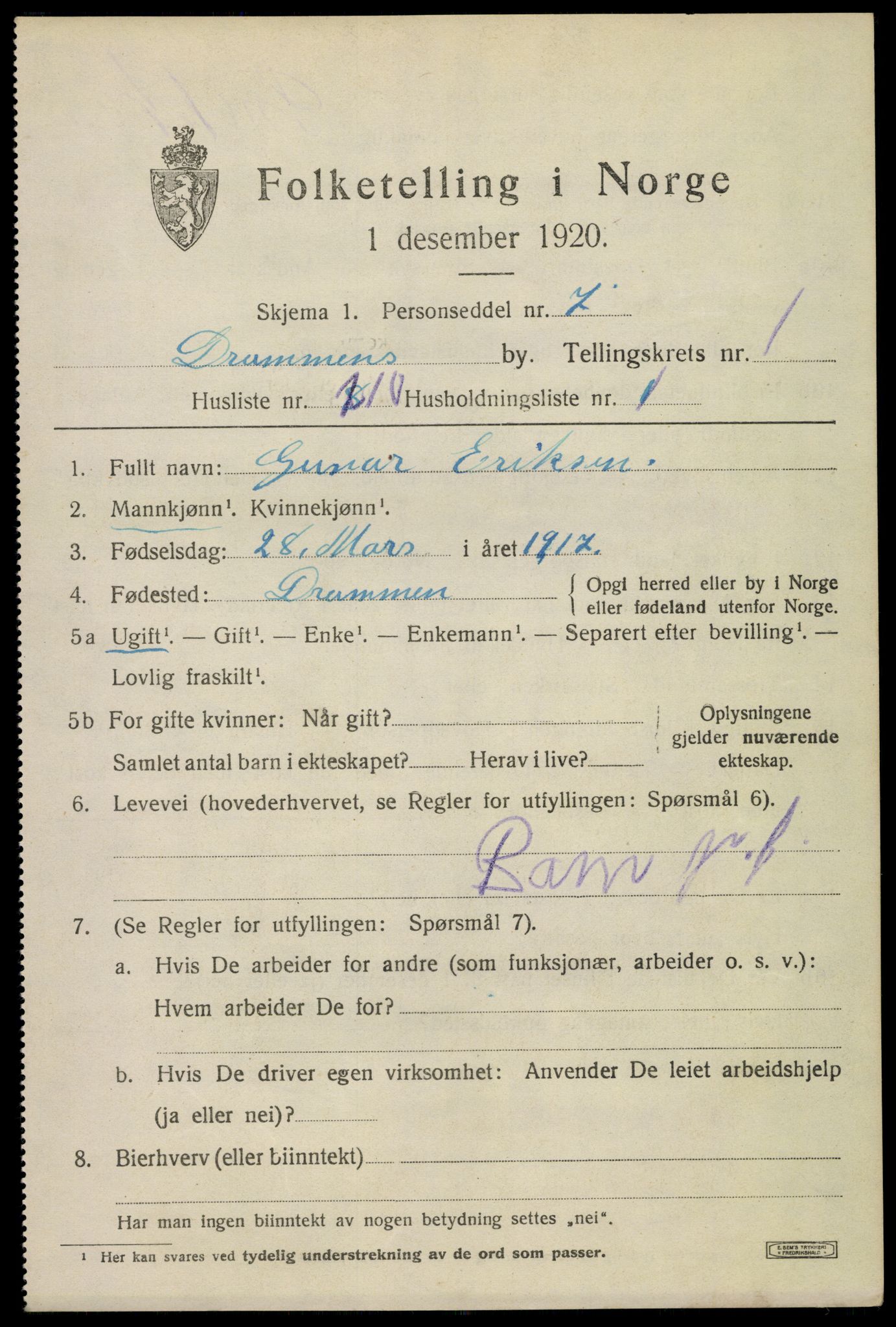 SAKO, 1920 census for Drammen, 1920, p. 22997