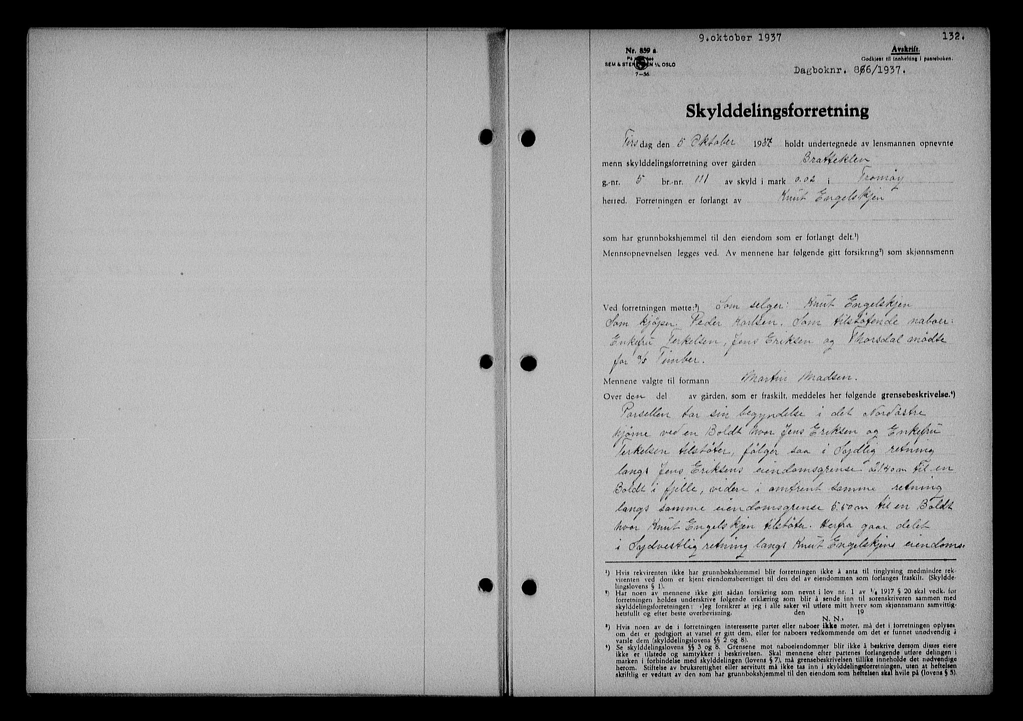 Nedenes sorenskriveri, AV/SAK-1221-0006/G/Gb/Gba/L0044: Mortgage book no. 40, 1937-1938, Diary no: : 866/1937