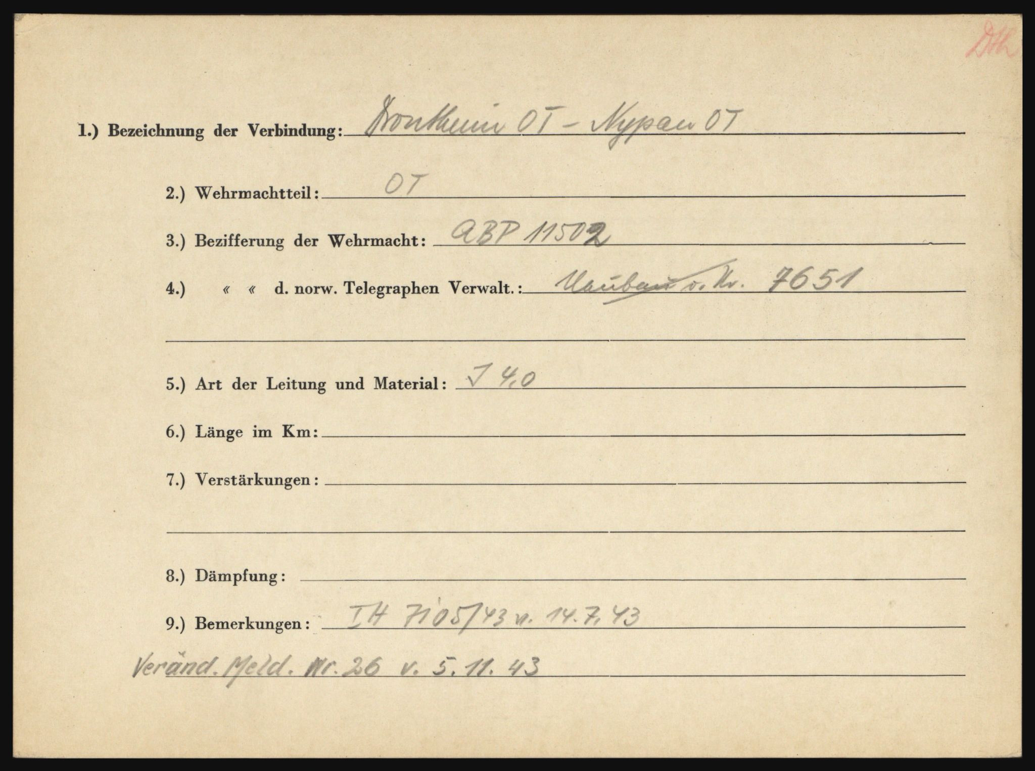 Tyske arkiver, Organisation Todt (OT), Einsatzgruppe Wiking, AV/RA-RAFA-2188/1/O/O12/L0003: Kartotek over tyske telefon- og fjernskriverlinjer i Norge, 1940-1945, p. 42