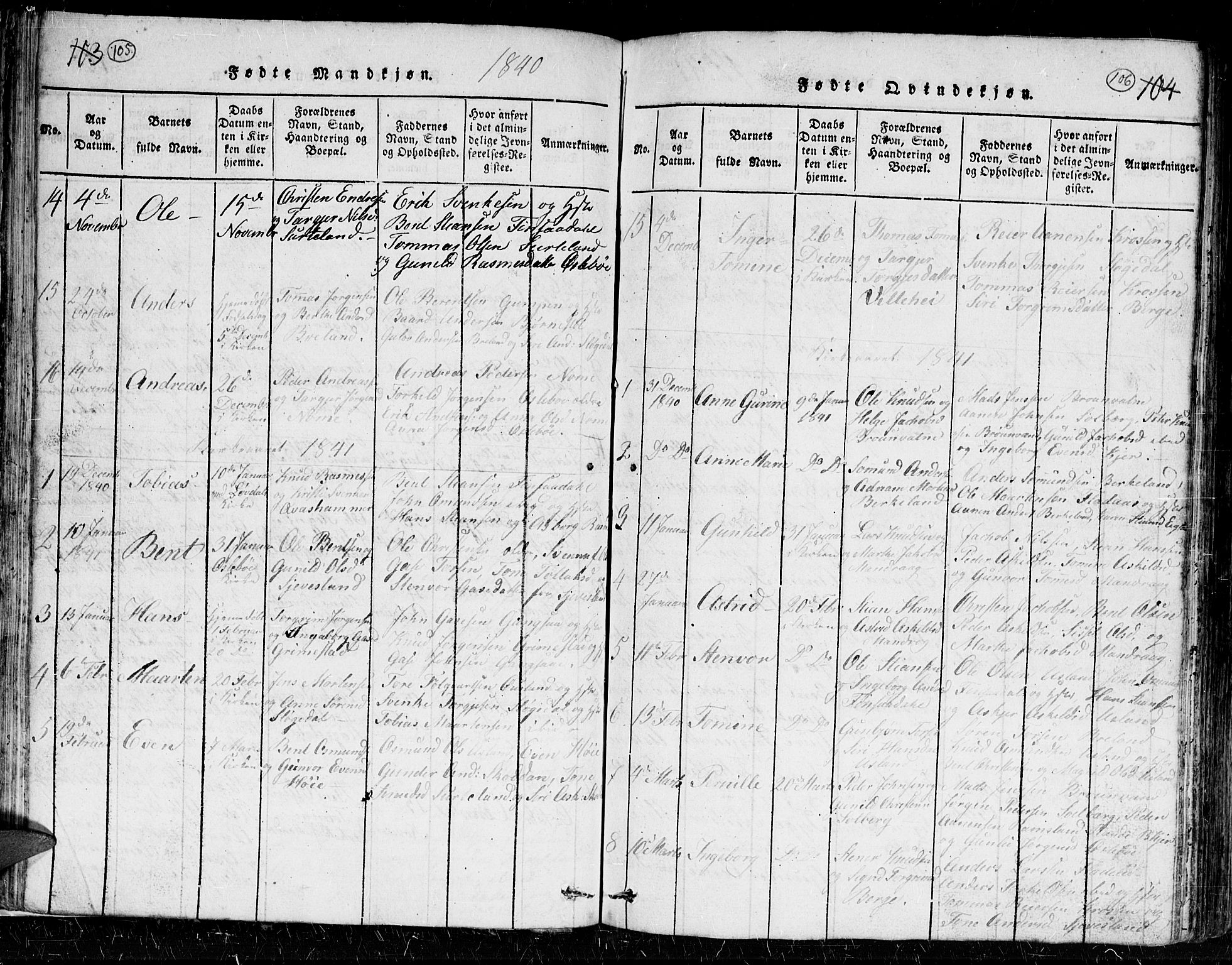 Holum sokneprestkontor, AV/SAK-1111-0022/F/Fb/Fbc/L0001: Parish register (copy) no. B 1, 1820-1859, p. 105-106