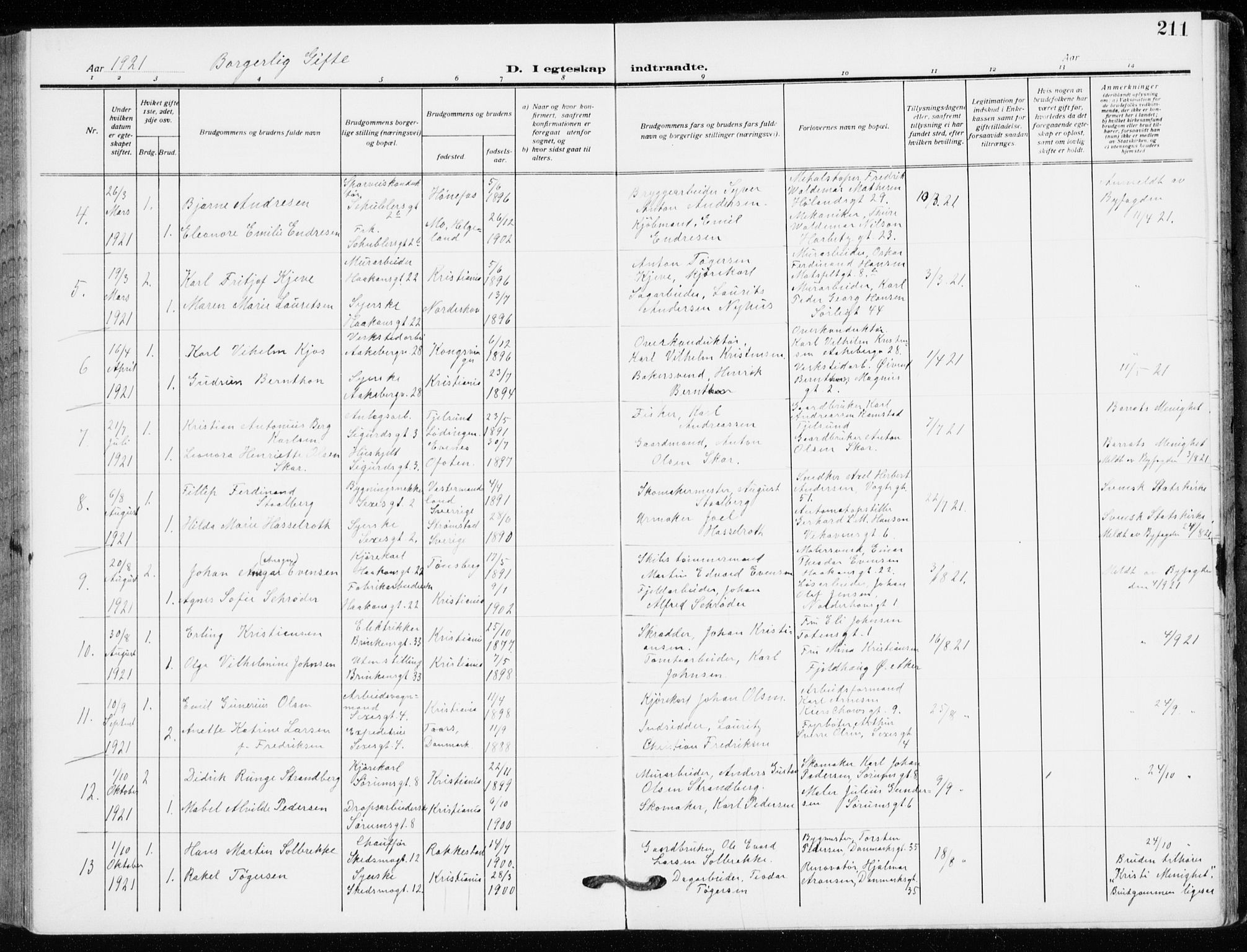 Kampen prestekontor Kirkebøker, AV/SAO-A-10853/F/Fa/L0013: Parish register (official) no. I 13, 1917-1922, p. 211