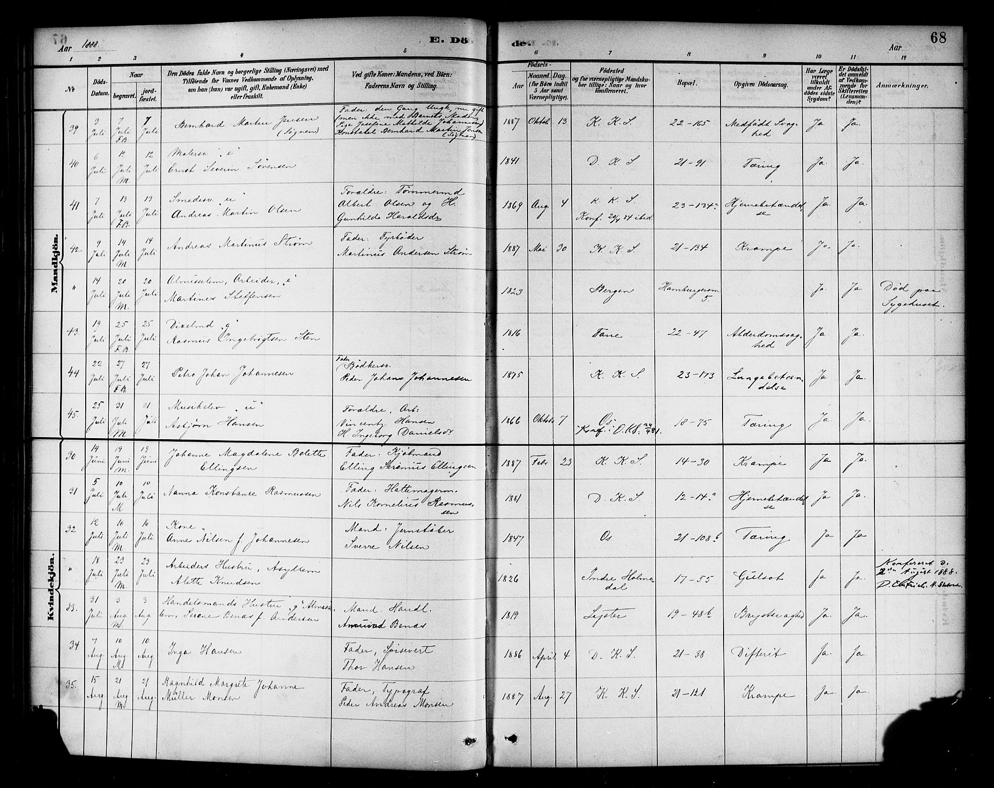 Korskirken sokneprestembete, SAB/A-76101/H/Haa/L0047: Parish register (official) no. E 5, 1884-1910, p. 68