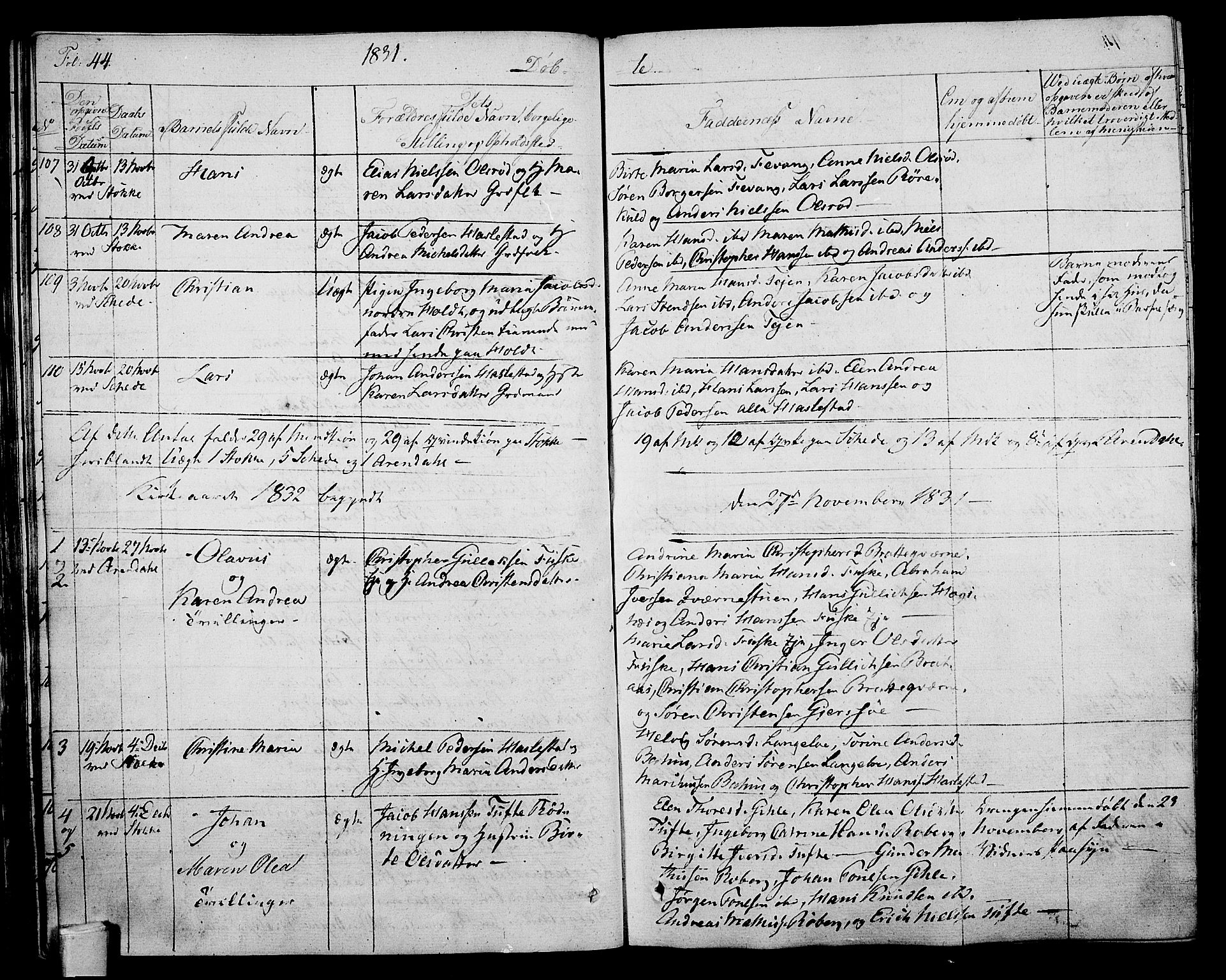 Stokke kirkebøker, AV/SAKO-A-320/F/Fa/L0006: Parish register (official) no. I 6, 1826-1843, p. 44