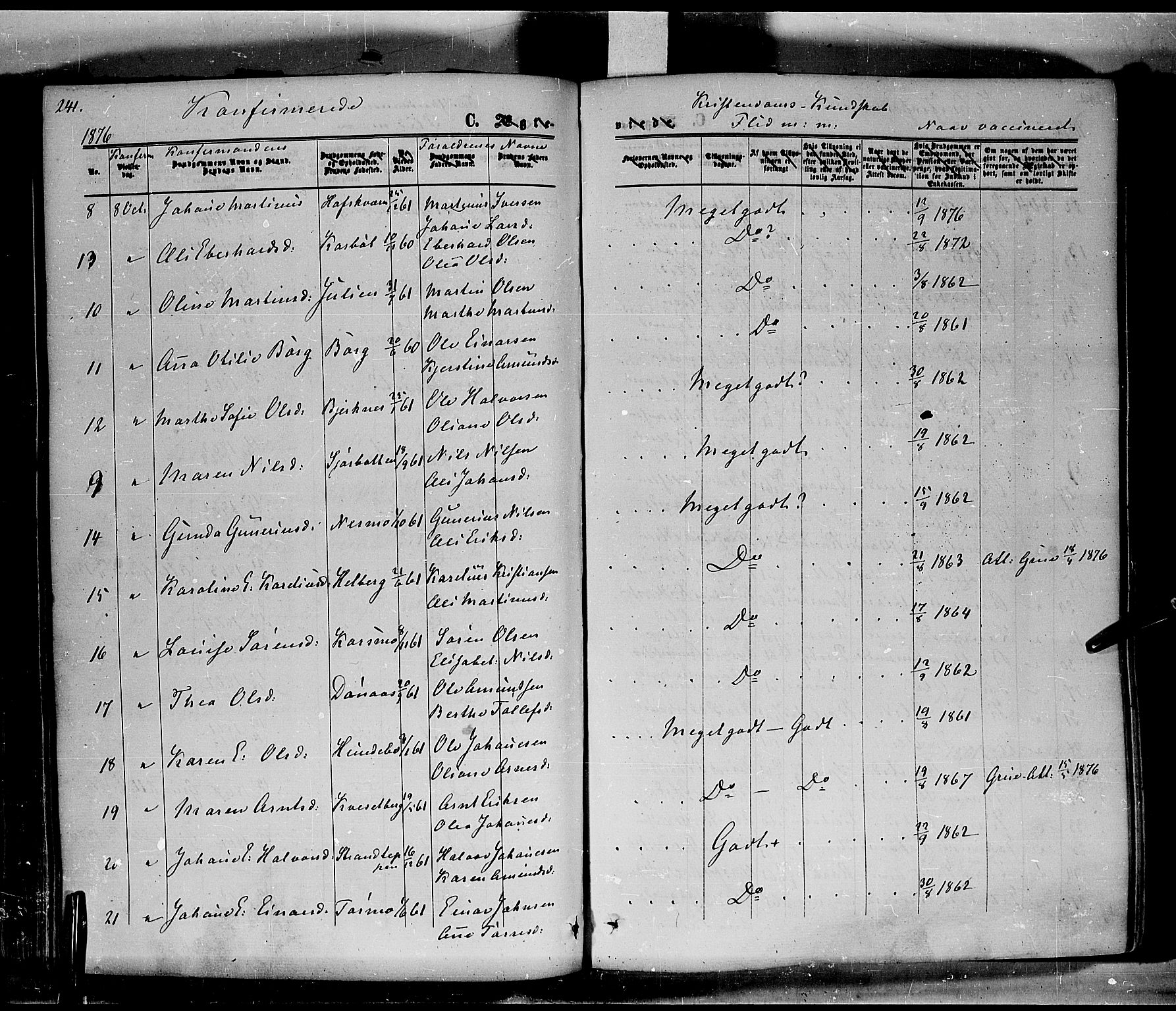 Hof prestekontor, AV/SAH-PREST-038/H/Ha/Haa/L0009: Parish register (official) no. 9, 1862-1877, p. 241