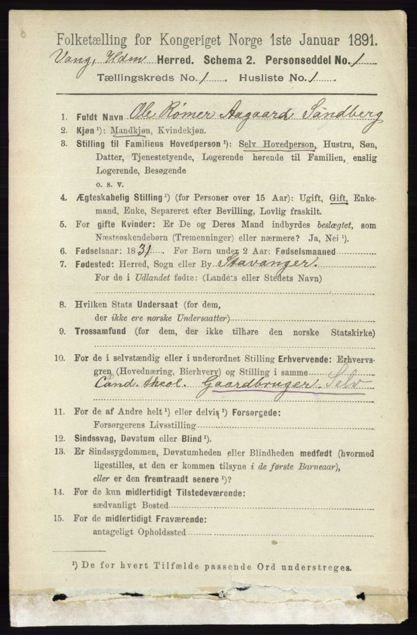 RA, 1891 census for 0414 Vang, 1891, p. 172