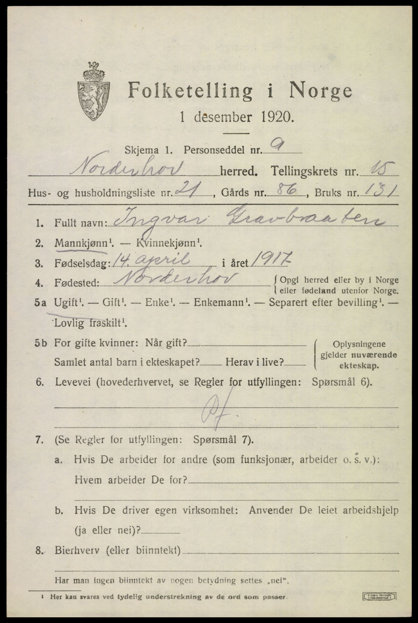 SAKO, 1920 census for Norderhov, 1920, p. 16430