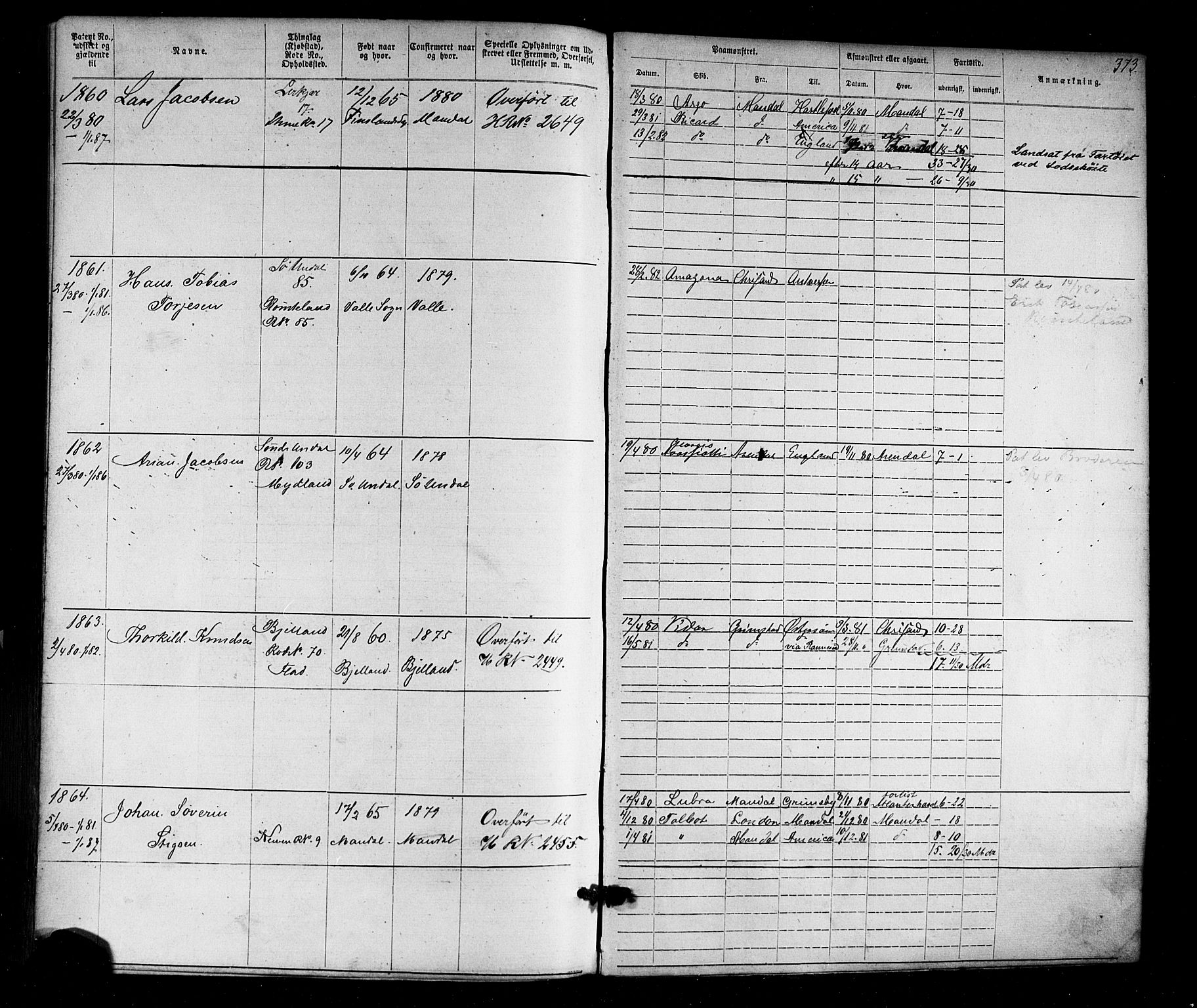 Mandal mønstringskrets, SAK/2031-0016/F/Fa/L0005: Annotasjonsrulle nr 1-1909 med register, Y-15, 1868-1880, p. 420