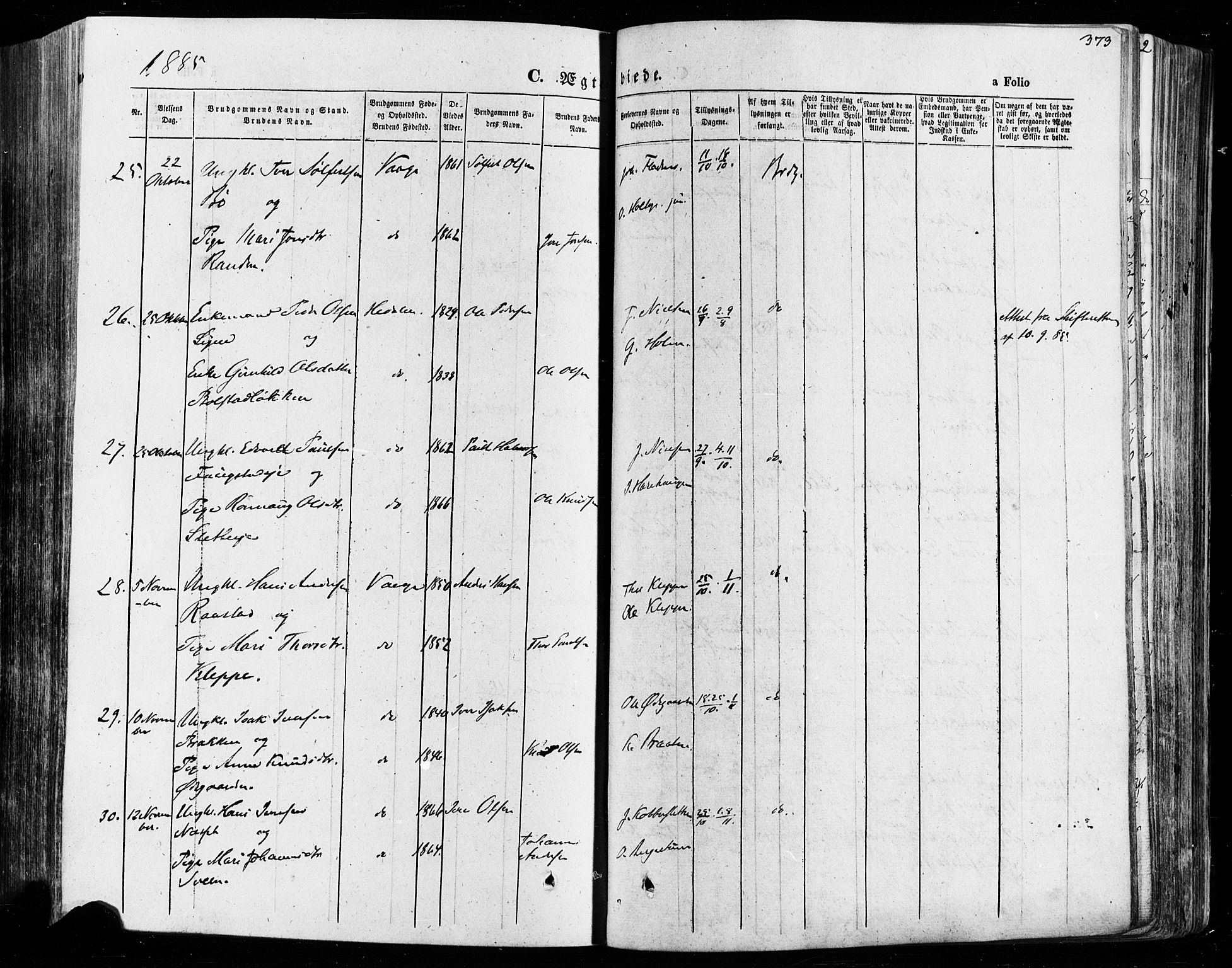 Vågå prestekontor, AV/SAH-PREST-076/H/Ha/Haa/L0007: Parish register (official) no. 7 /1, 1872-1886, p. 373