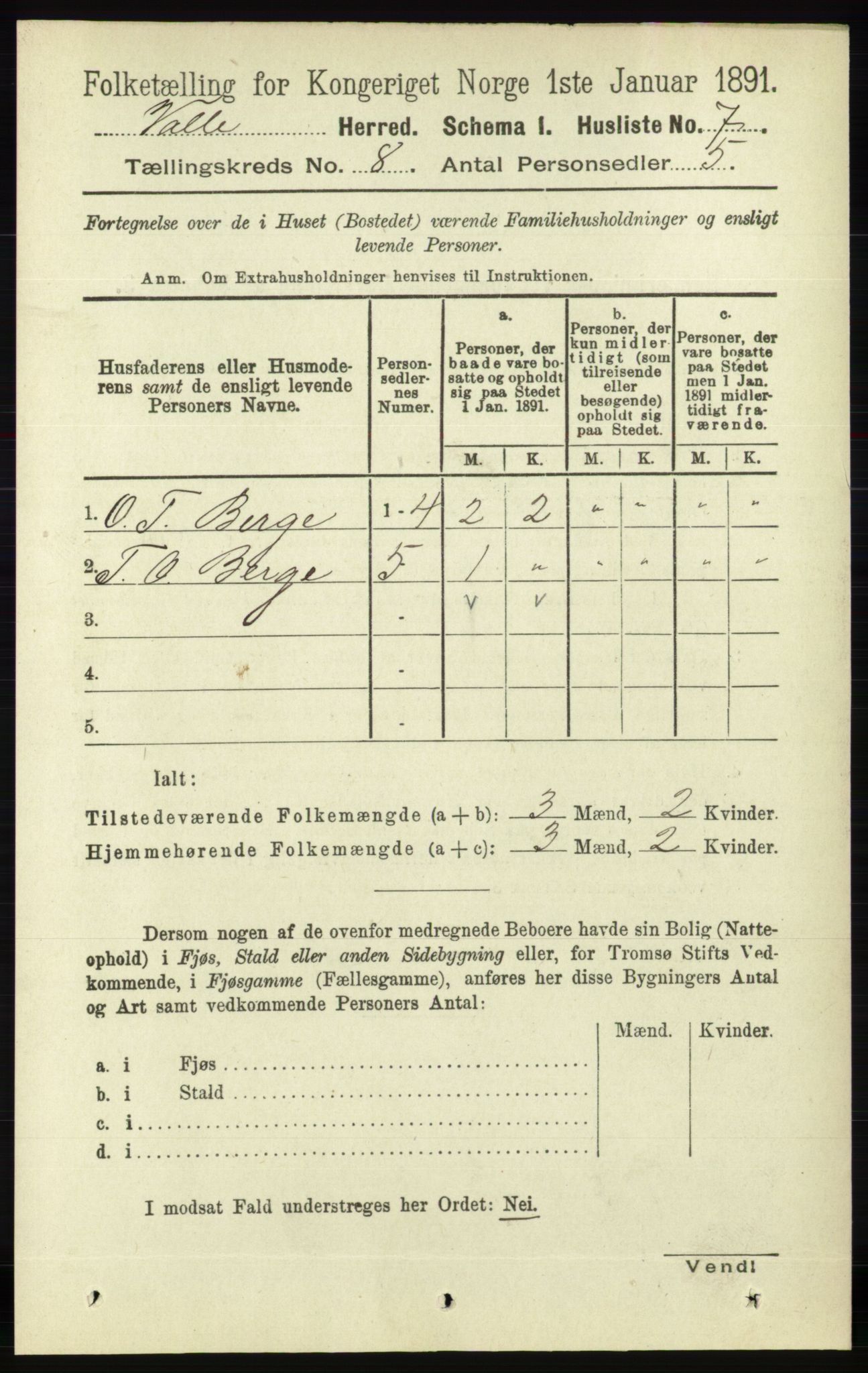 RA, 1891 census for 0940 Valle, 1891, p. 2218