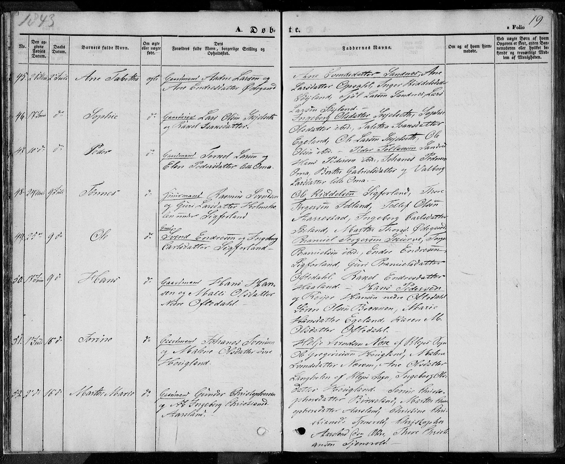 Lye sokneprestkontor, AV/SAST-A-101794/001/30BA/L0005: Parish register (official) no. A 5.1, 1842-1855, p. 19