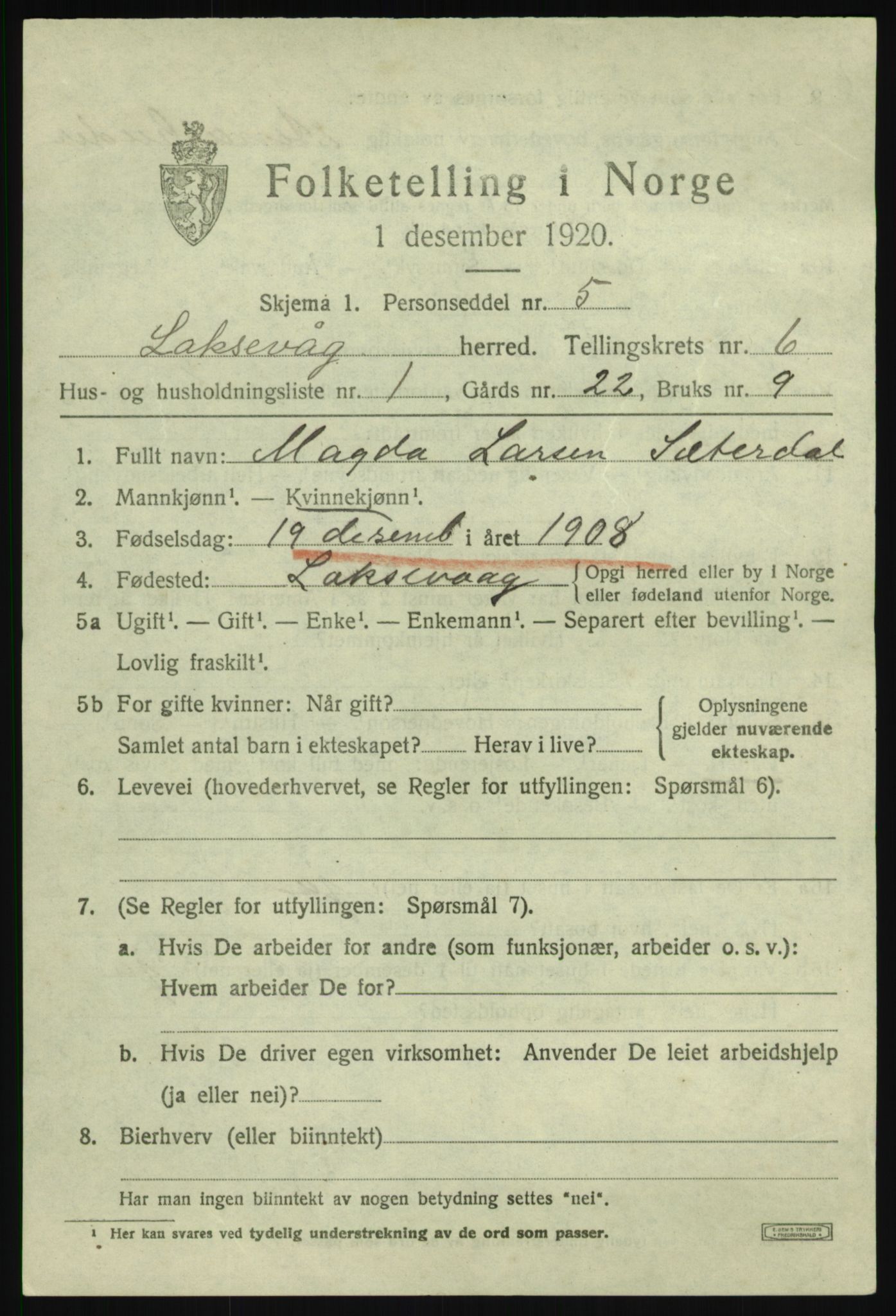 SAB, 1920 census for Laksevåg, 1920, p. 17124