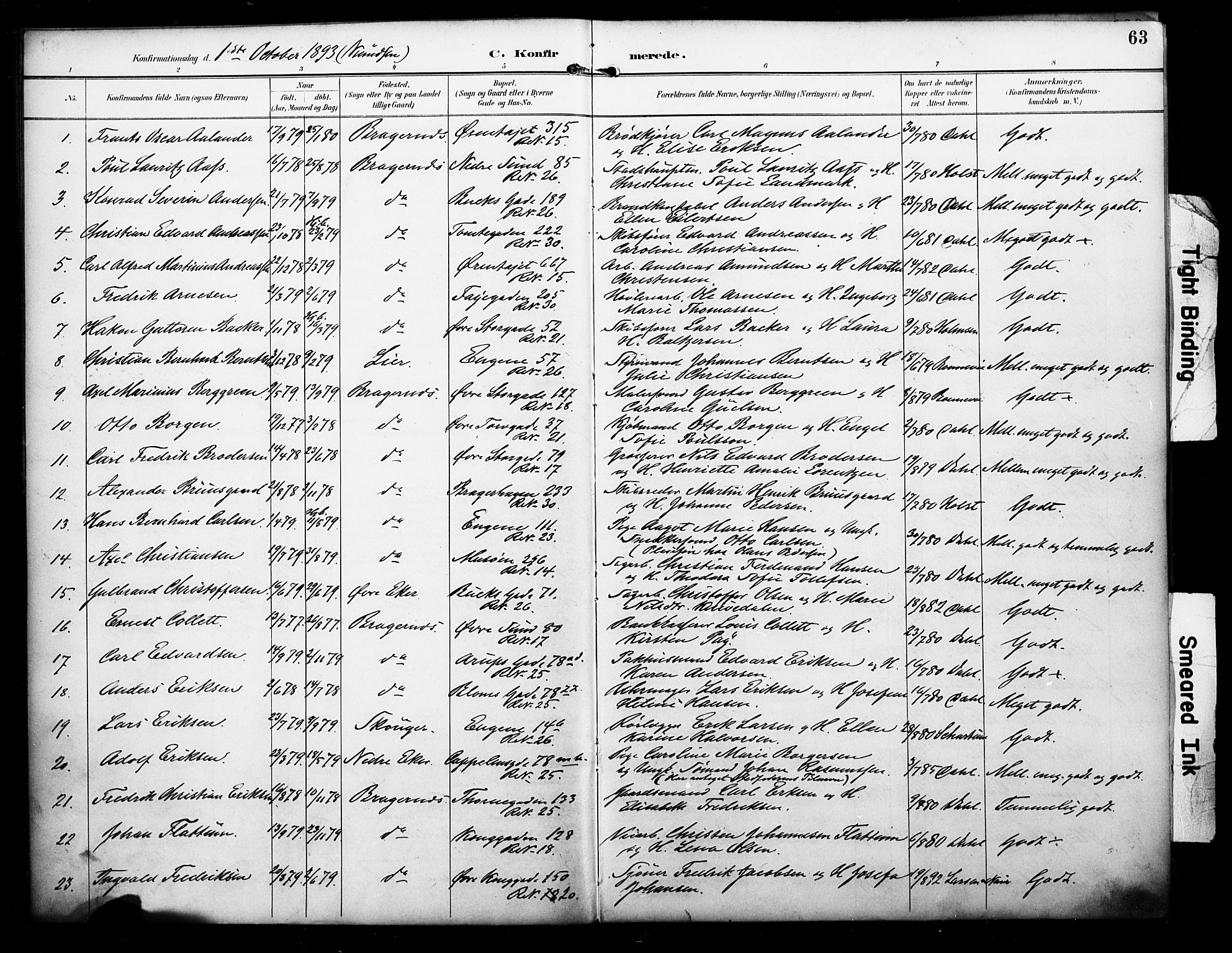 Bragernes kirkebøker, AV/SAKO-A-6/F/Fc/L0006: Parish register (official) no. III 6, 1888-1899, p. 63