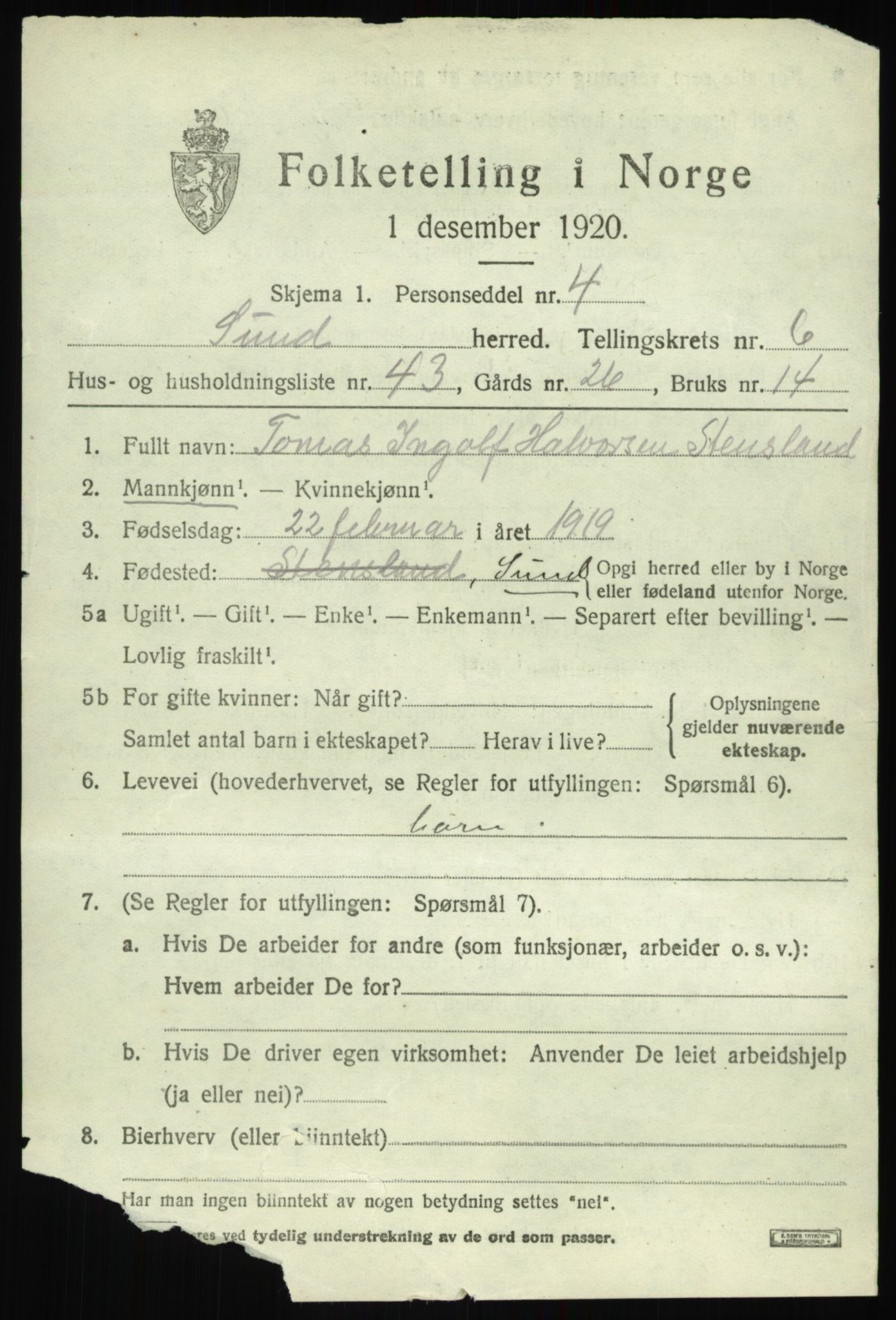 SAB, 1920 census for Sund, 1920, p. 4411