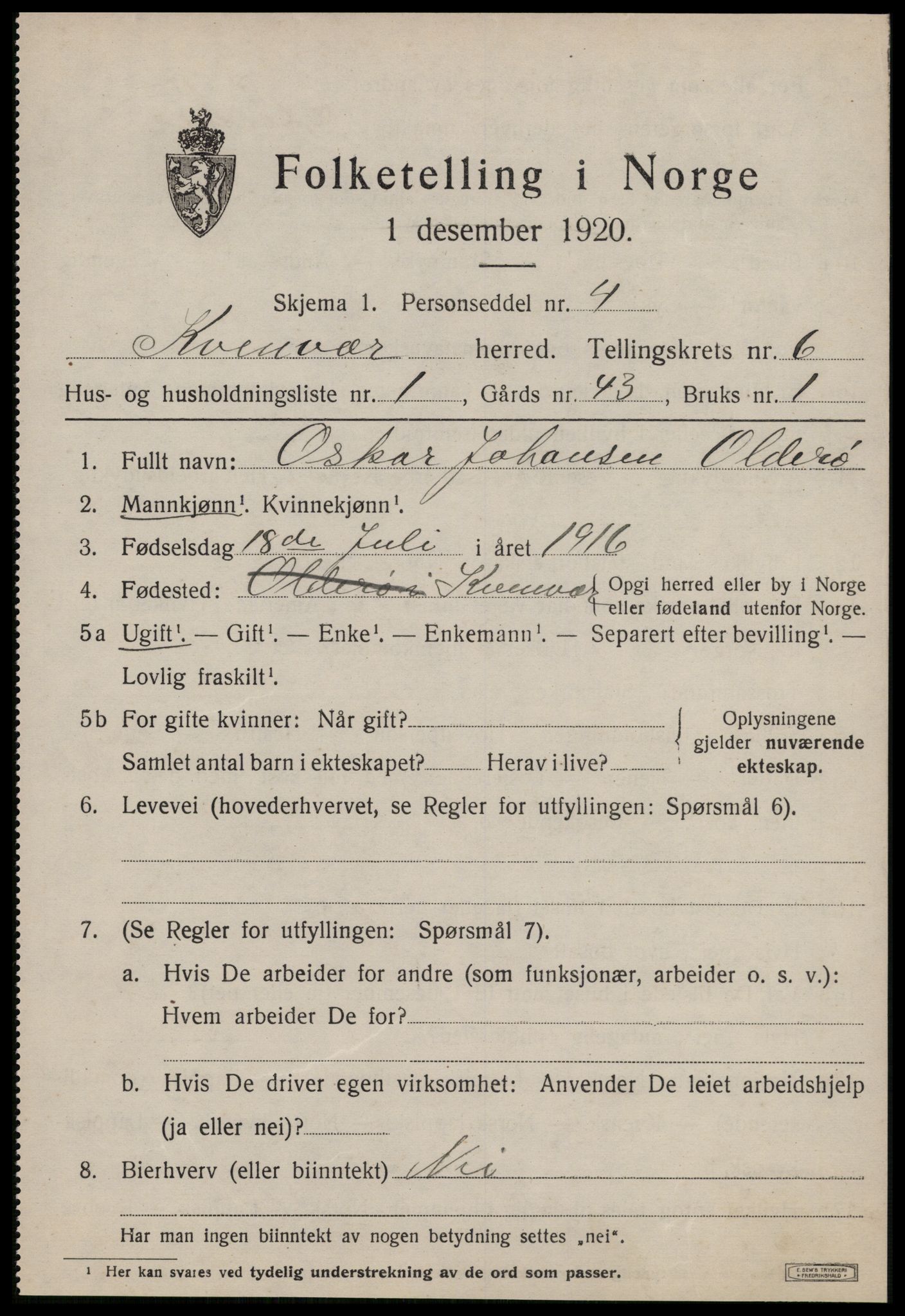 SAT, 1920 census for Kvenvær, 1920, p. 2110