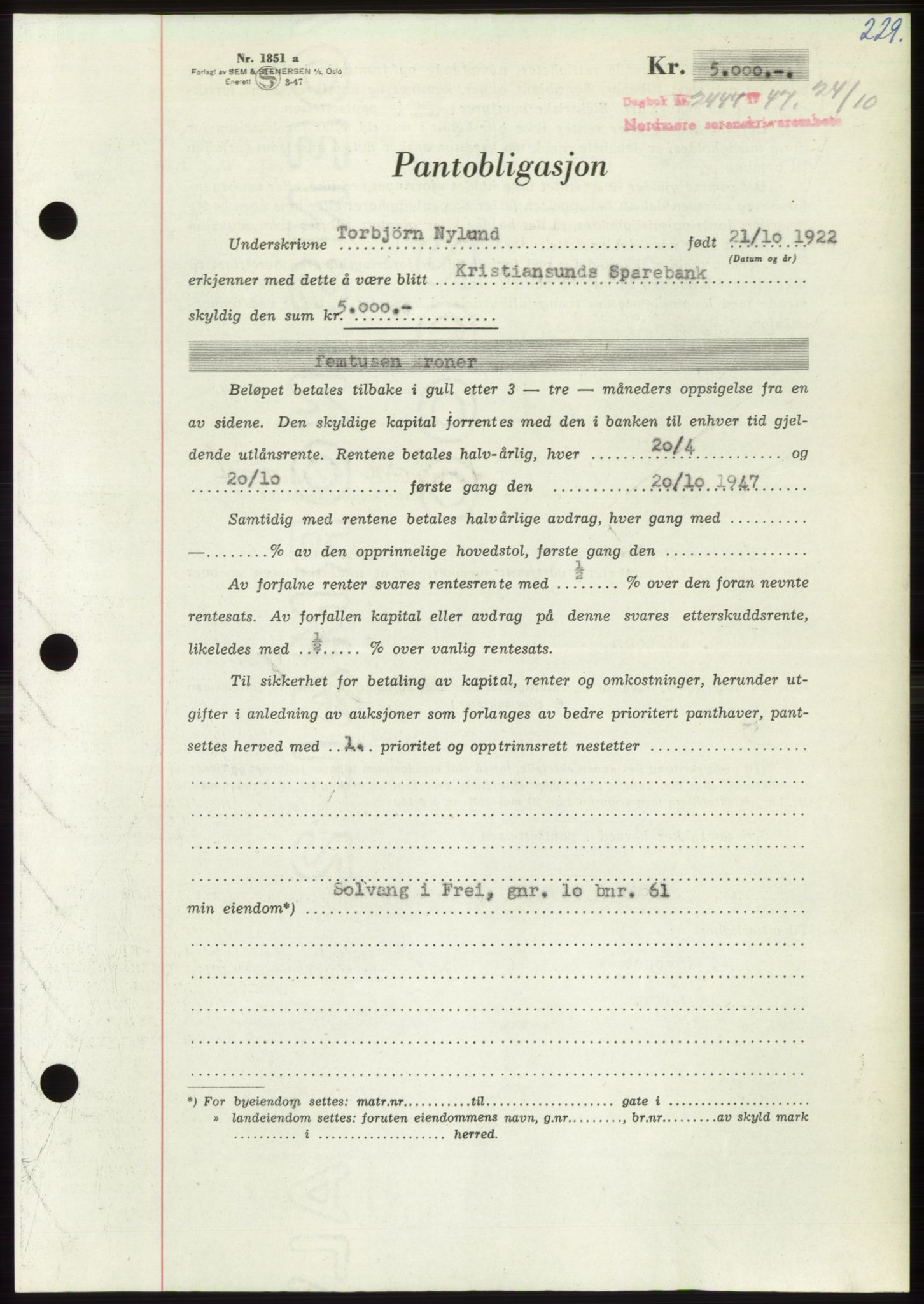 Nordmøre sorenskriveri, AV/SAT-A-4132/1/2/2Ca: Mortgage book no. B97, 1947-1948, Diary no: : 2444/1947