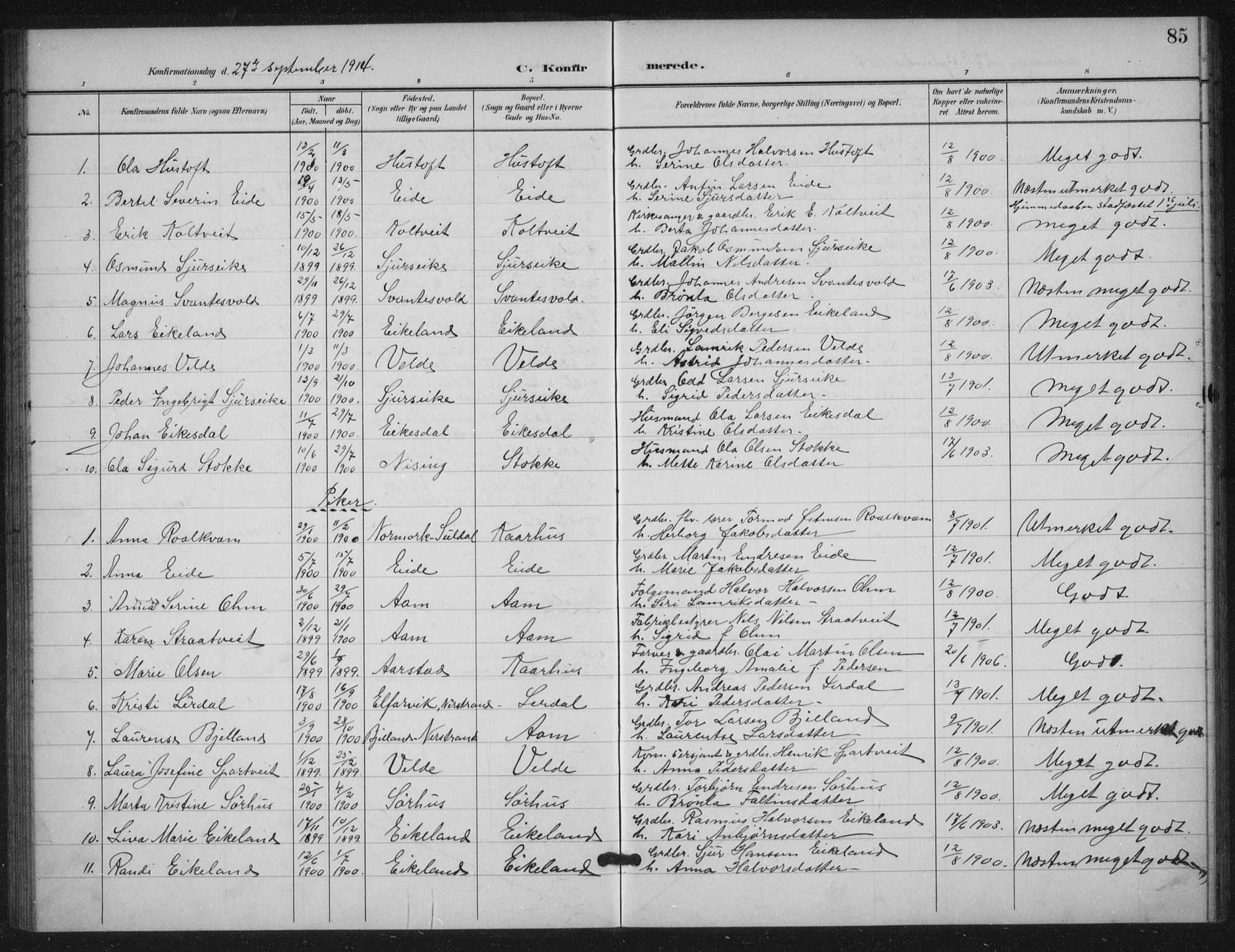 Skjold sokneprestkontor, SAST/A-101847/H/Ha/Haa/L0012: Parish register (official) no. A 12, 1899-1915, p. 85