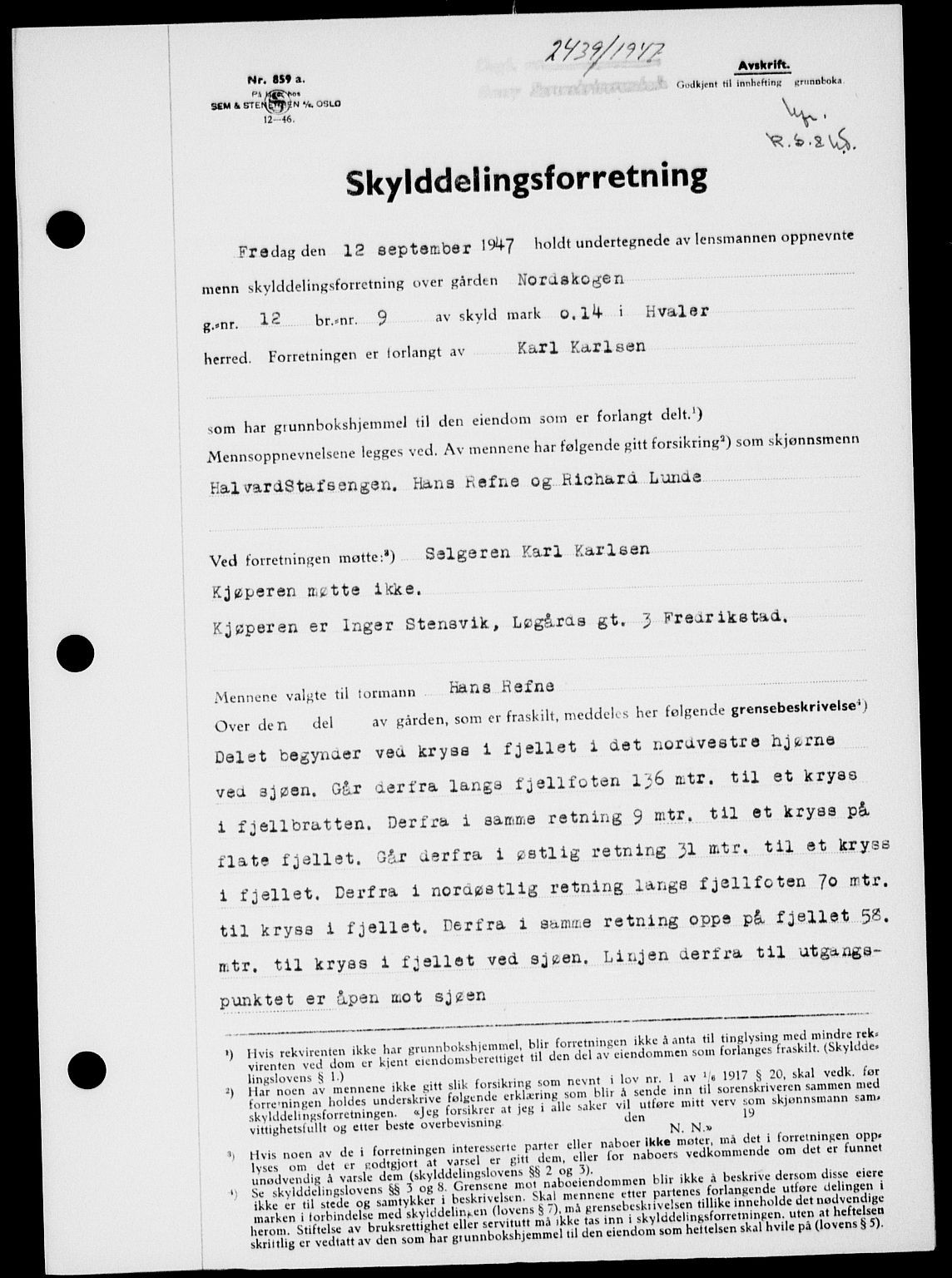 Onsøy sorenskriveri, SAO/A-10474/G/Ga/Gab/L0021: Mortgage book no. II A-21, 1947-1947, Diary no: : 2439/1947