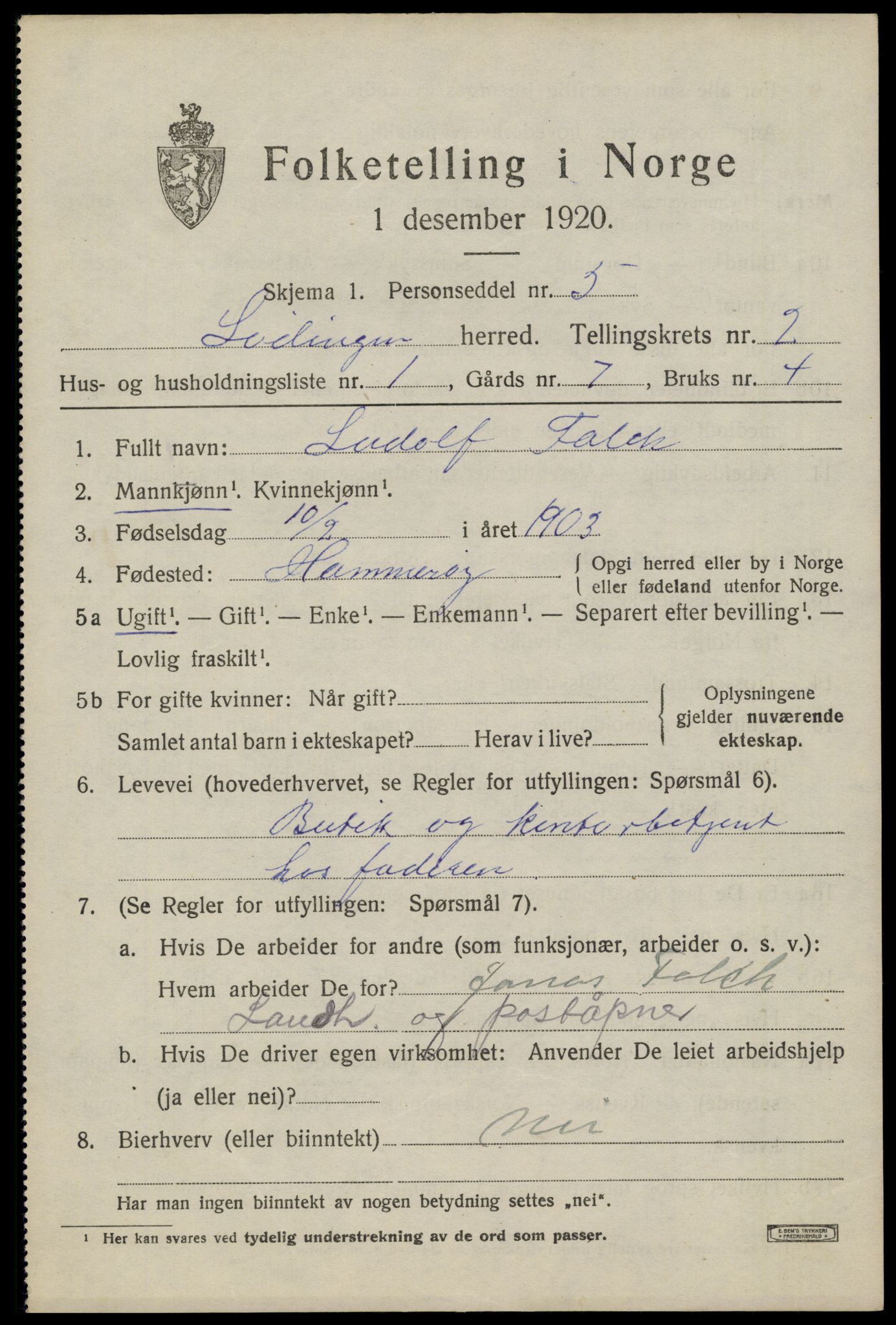 SAT, 1920 census for Lødingen, 1920, p. 1597