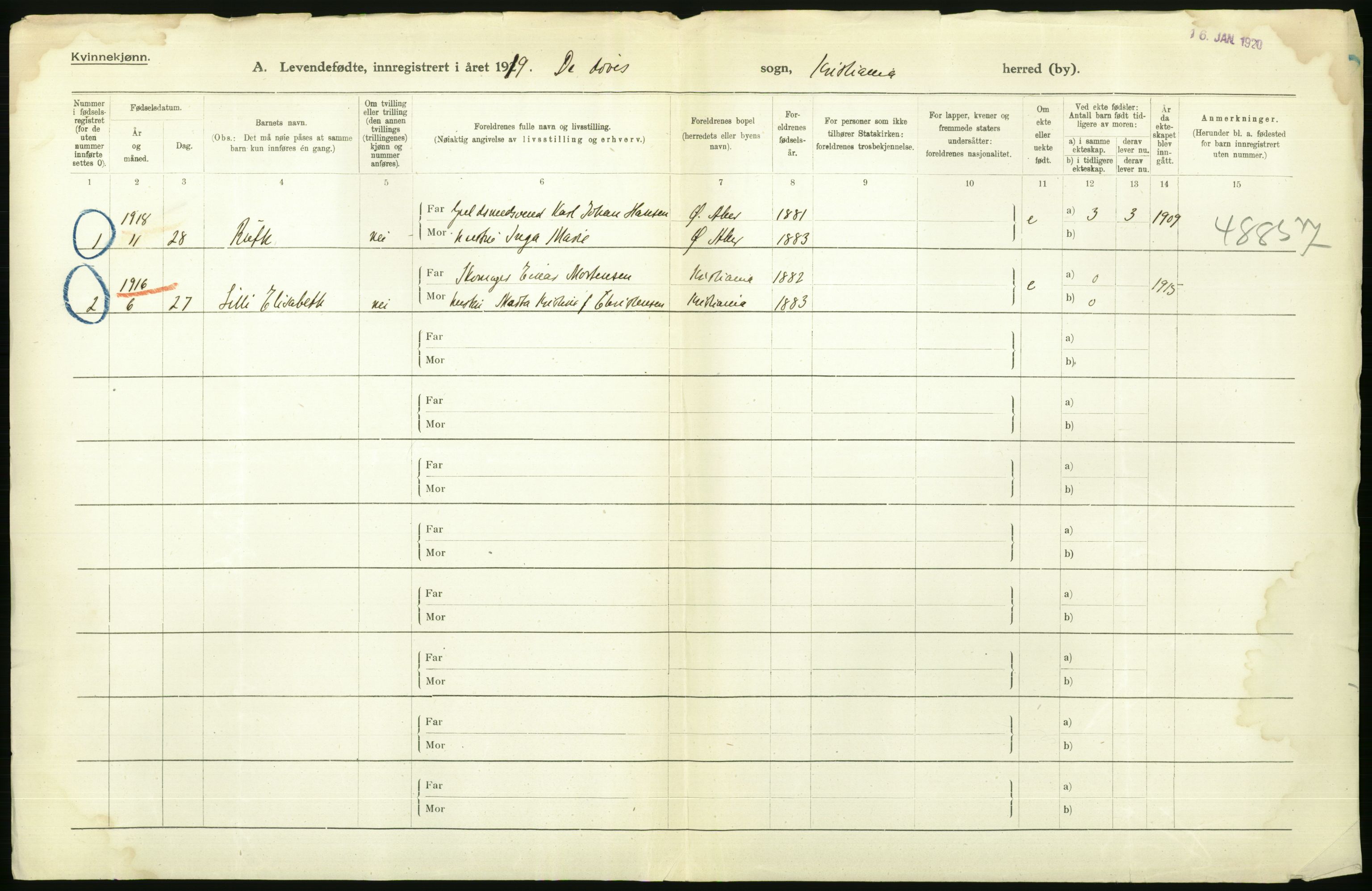 Statistisk sentralbyrå, Sosiodemografiske emner, Befolkning, AV/RA-S-2228/D/Df/Dfb/Dfbi/L0008: Kristiania: Levendefødte menn og kvinner., 1919